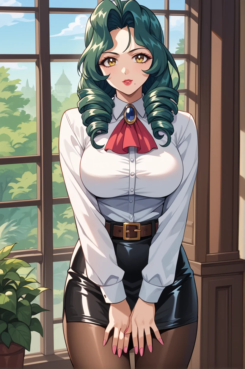 <lora:SuiguraKasumi-09:1> SuiguraKasumi, long hair, green hair, yellow eyes, large breasts, black skirt, mole under mouth, brown pantyhose, red ascot, white shirt, solo, pencil skirt, brooch, jewelry, makeup, belt, lipstick, miniskirt, standing, curvy, long sleeves, looking at viewer, plant, nail polish, pink nails, dress shirt, ringlets, window, long fingernails,, 8k, masterpiece, absurdes, highly detailed, highres, high quality, best quality, score_9, score_8_up, score_7_up, score_6_up, shiny, shiny skin, shiny hair