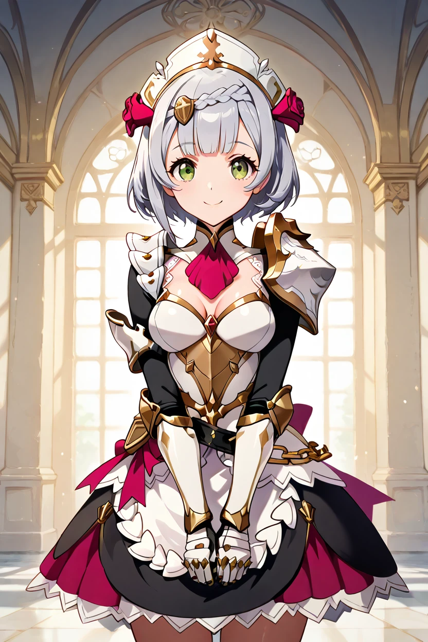 masterpiece, best quality, 1girl, solo, 21 year old model, eyelashes, (beautiful eyes),  zzNoelle, green eyes, grey hair, hair flower, hair ornament, short hair, white hair, braid,  maid headdress, armor, red rose, maid, gauntlets, shoulder armor, ,<lora:NoelleGenshinIXL:1.0>,   dynamic pose, cowboy shot, smile, looking at viewer, shiny skin,