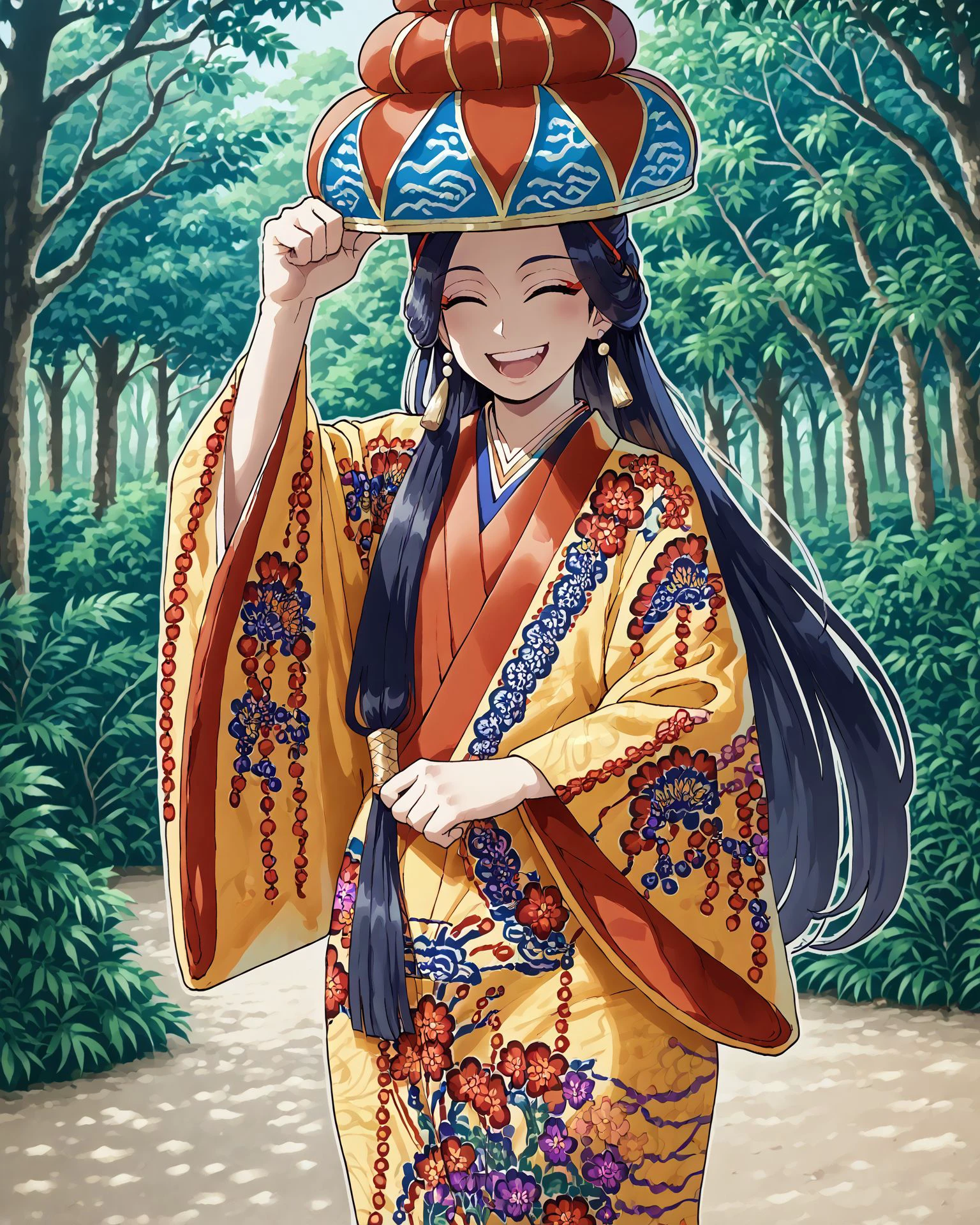 1girl, ryusou, long hair, ryusou hat, jacquard fabric,intricate patterns, (patterned fabric1.2), happy, dancing, forest, score_9, score_8_up, score_7_up,  masterpiece, very detailed, highest quality,  digital art, <lora:Ryusou_XL:1.2>,  <lora:nyantcha_style_pdxl_v2_goofy:1>