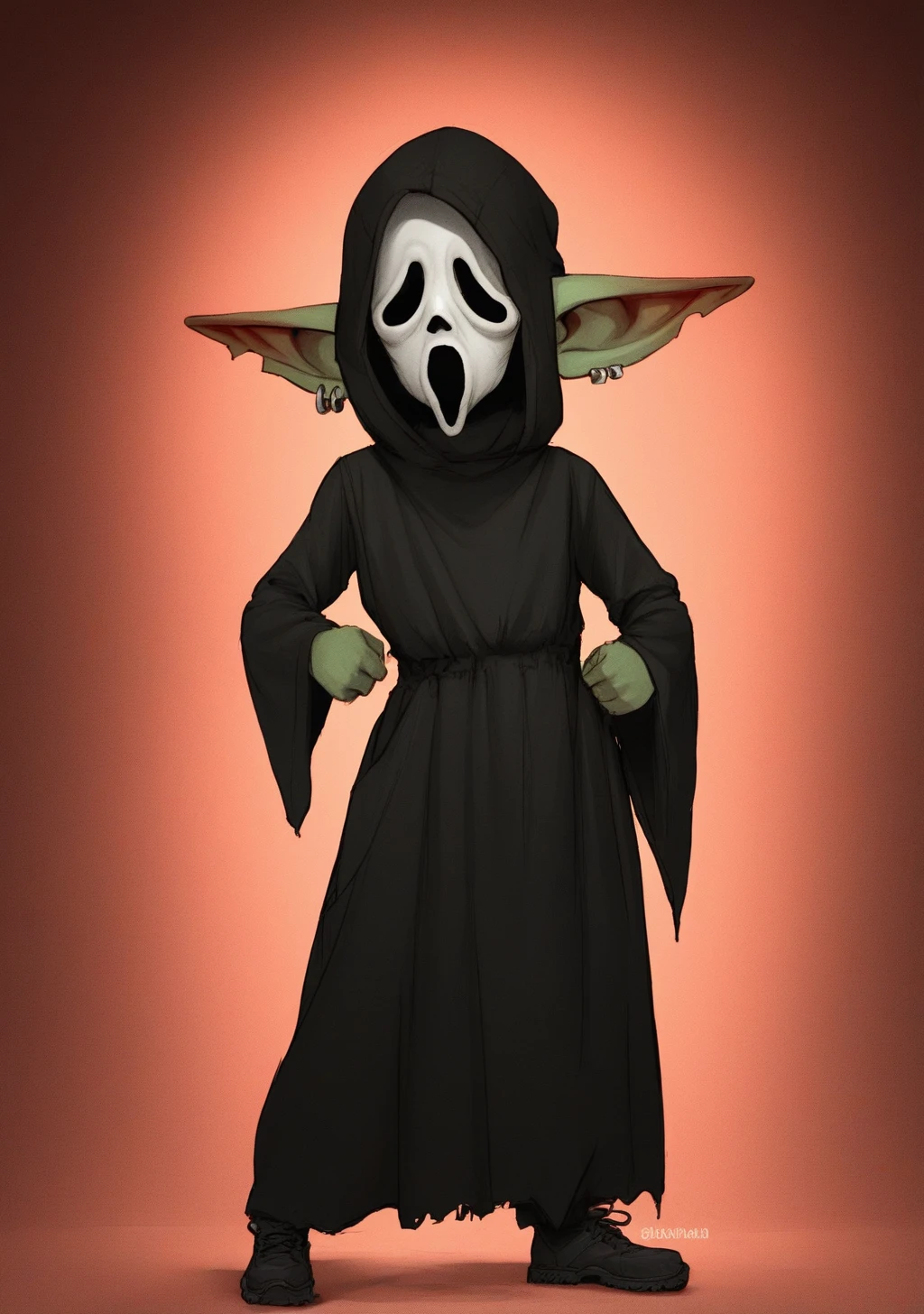 score_9, score_8_up, score_7_up, score_6_up, score_5_up, score_4_up, masterpiece, high quality, BREAK, full body, BREAK, 1girl,    <lora:Ghostface_Scream_PonyXL:0.8> ghostface mask, mask, hood. <lora:GoblinGirl_Concept:1> GobGirl, green skin, short, long ears, large ears, colored skin, monster_girl 1girl, pointy ears, goblin, shortstack, long pointy ears,  earrings, ear piercings,