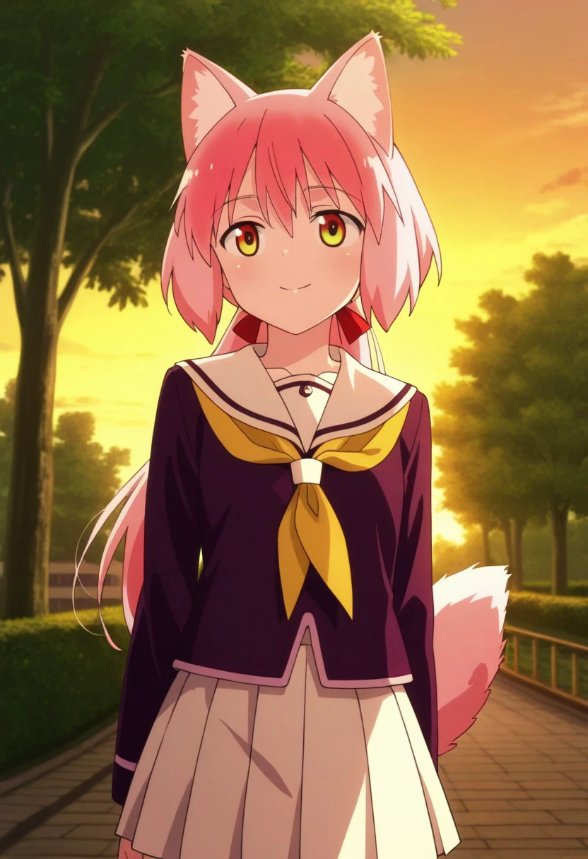 masterpiece, best quality,
ranka, 1girl, solo, red eyes, yellow eyes, pink hair, long hair, animal ears, wolf ears, animal ear fluff, school uniform, serafuku, sailor collar, smile, wolf tail
outdoor, sky, tree