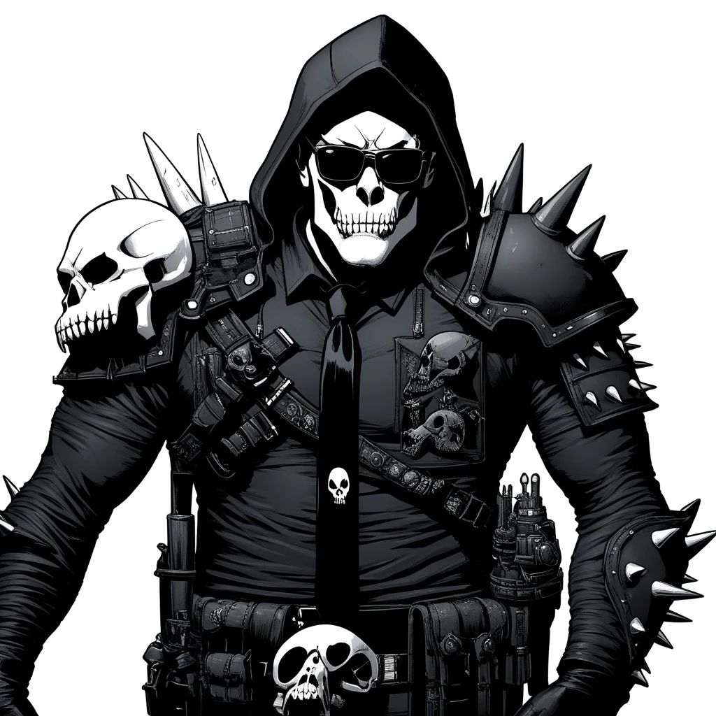 shoulder armor, shoulder spikes, sunglasses, black necktie, skull, simple background, black gloves, hood, white background