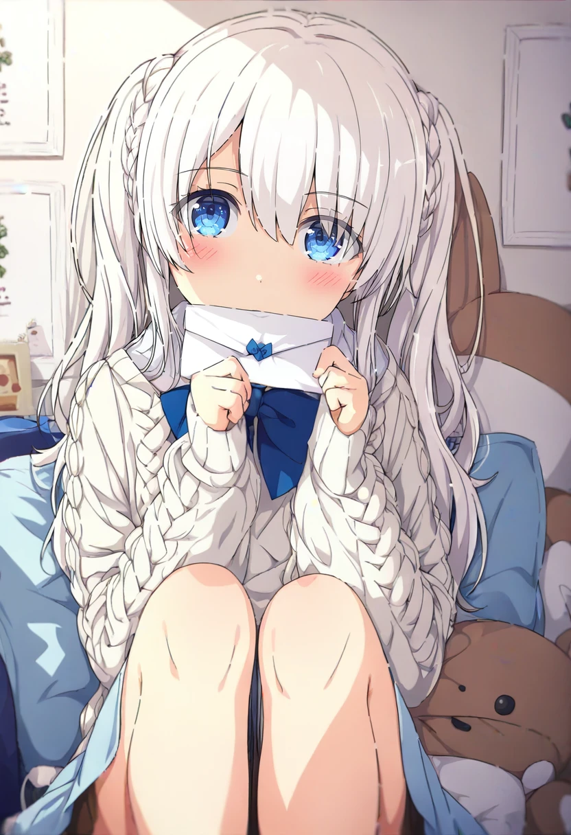 1girl, blue eyes, sweater, braid, white hair, looking at viewer, solo, blush, blue bow, cable knit, bangs, holding, bow, white sweater, aran sweater, hair between eyes, stuffed toy, long sleeves, envelope, stuffed animal, knees up, twintails, pillow, blue bowtie, skirt, long hair, bowtie, letter, sitting, sleeves past wrists <lora:ogipoteXL_il_lokr_V5311P:0.95>