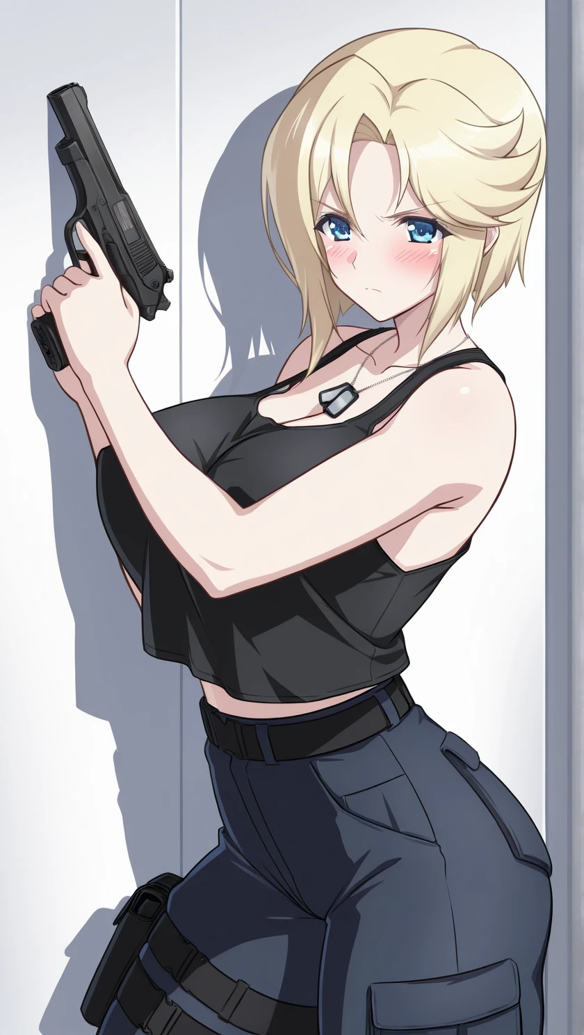 perfect quality, best quality, absolutely eye-catching, masterpiece, absurd res, ambient occlusion, raytracing, 1girl, solo, Stella, perky breasts, black tank top, blue combat pants, dog tags, holding pistol, serious, blush, against wall