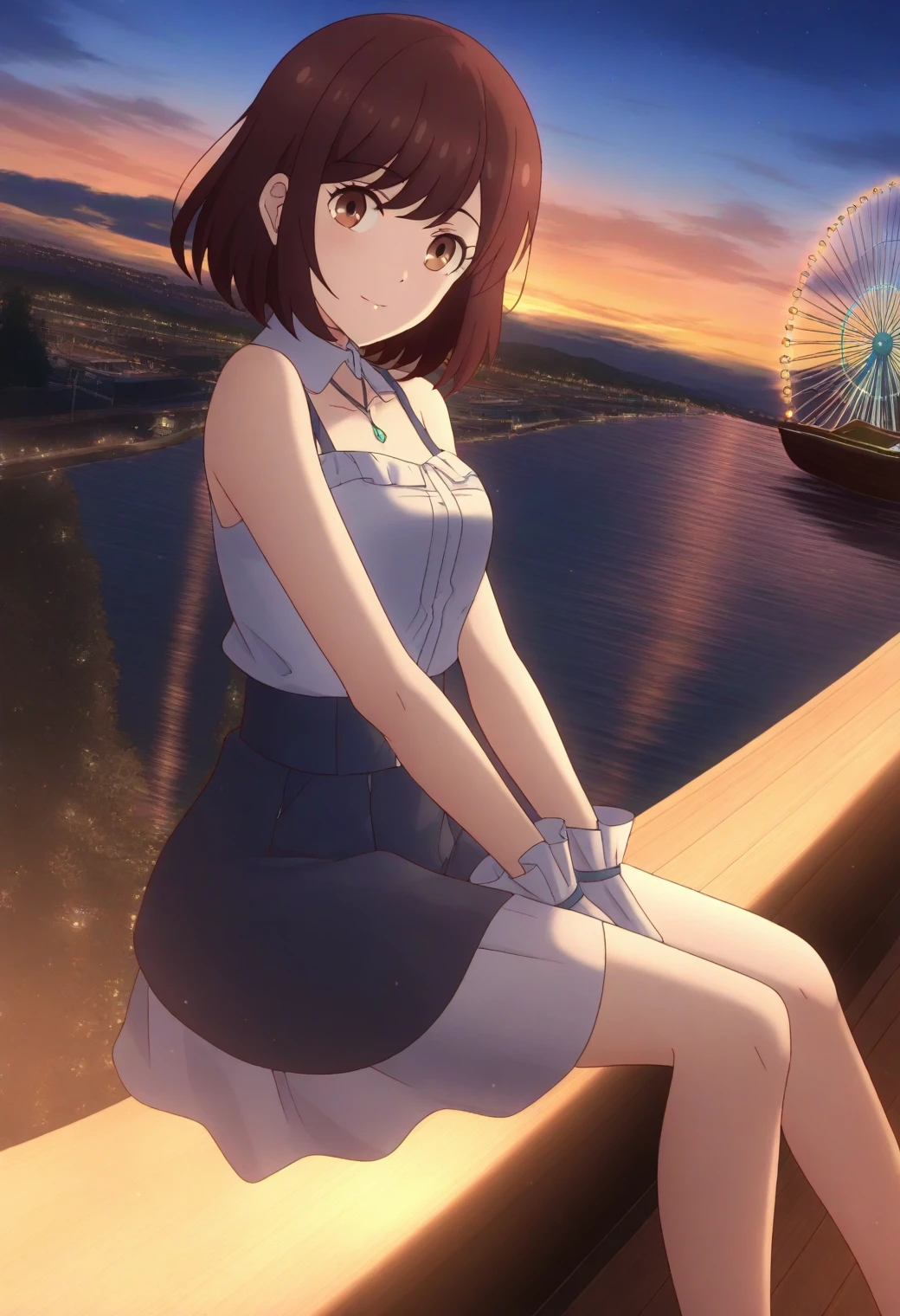 <lora:Rae Taylor - [Watashi no Oshi wa Akuyaku Reijou] - illustriousXL v1:1>, sysdeep_rae, brown hair, brown eyes, short hair, solo Ferris wheel at dusk, casual outfit, sitting in a gondola, dreamy vibe, style parody