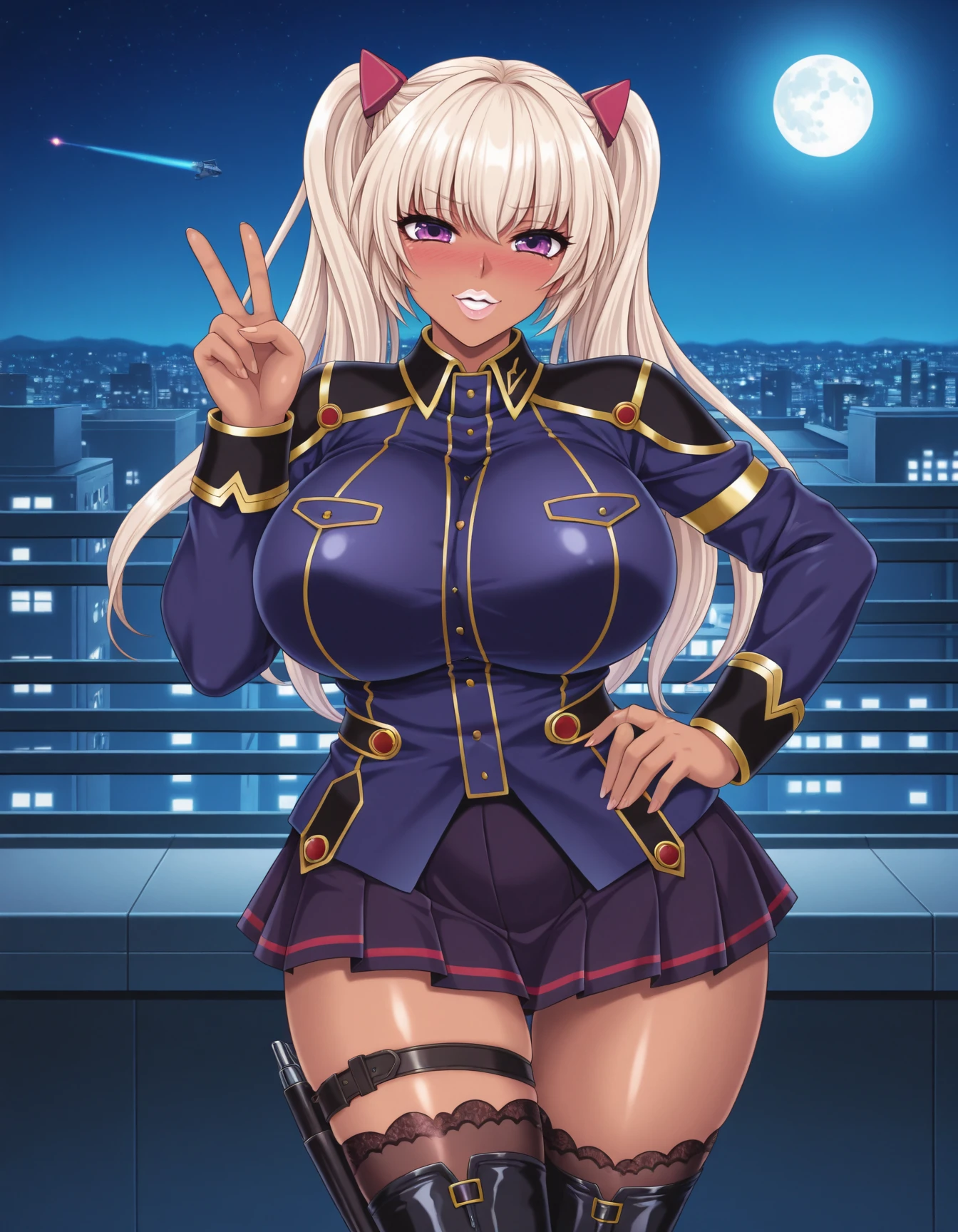 amazing quality,very aesthetic,absurdres,best quality,newest,masterpiece,4k resolution,detailed background,spacecraft,indoors,<lora:Kusunoki_Rin_Style:0.9>,kila kushan is standing,hand on own hip,showing V sign,cowboy shot,1girl,dark-skinned female,solo,looking at viewer,blush,parted lips,happy,twintails,long hair,purple eyes,thick lips,white lips,military uniform,pleated skirt,lace-trimmed thighhighs,high heel boots,thigh holster,curvy,huge breasts,outdoors,night,city,on rooftop,moon,