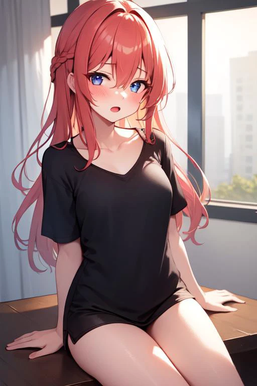 masterpiece, best quality, 32k, high resolution, absurdres, naked black shirt, 1girl, solo, short sleeves, blush, looking at viewer, collarbone, open mouth, thighs, long hair, hair between eyes