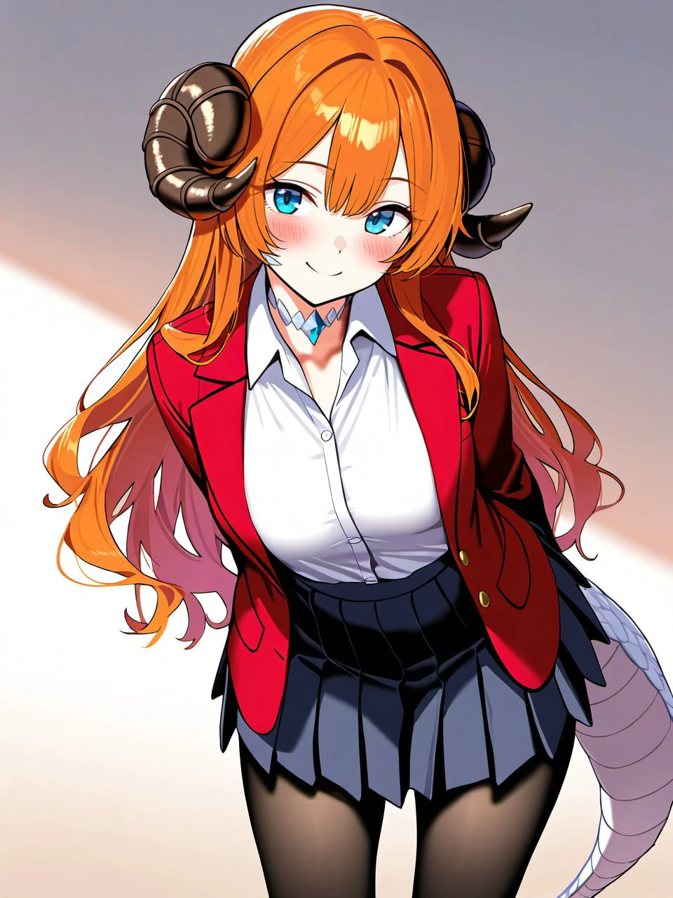 masterpiece, best quality, amazing quality, very aesthetic, high resolution,
dragonian, horns, tails, scales, long hair, blue eyes, school uniform, white shirt, collared shirt, long sleeves, open jacket, black pantyhose, red blazer, black pleated skirt, leaning forward, head tilt, blush, solo, smile, looking at viewer, cowboy shot,
<lora:dragonian_race_v2-000007:0.9>,