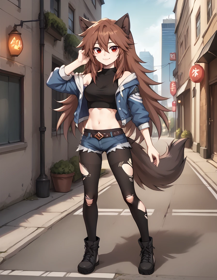 outdoors,city, 
full body,smile,long eyelashes,
denim shorts,torn pantyhose, crop top,denim jacket, 
<lora:Crydiaa_v01_PDXL:1>,Crydiaa,1girl,solo,brown hair,long hair,hair between eyes,wolf ears,red eyes,wolf tail,