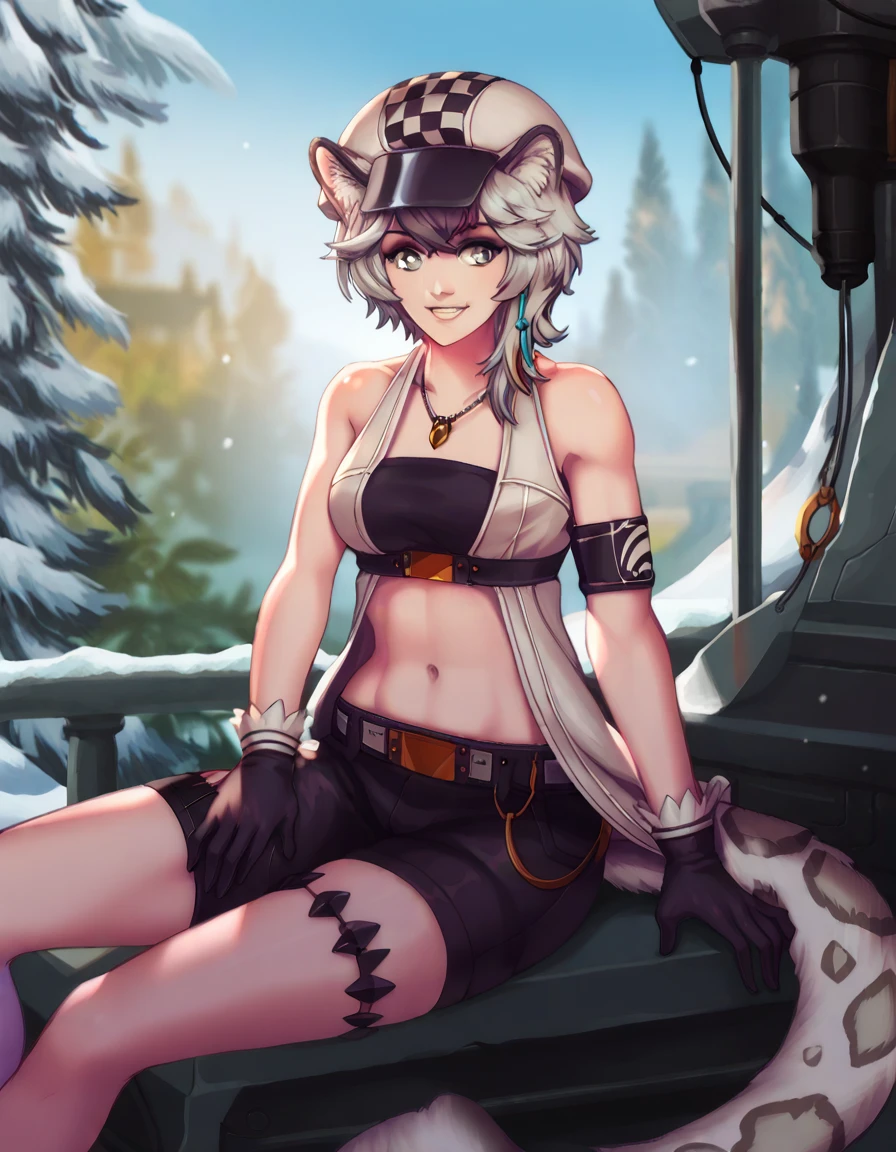 score_9, score_8_up, source_anime, masterpiece, best quality, amazing quality, very aesthetic, absurdres,  newest, scenery, volumetric lighting, source_anime, vibrant colors, BREAK ((ensia silverash, 1girl, solo, sitting, animal ears, tail, animal ears fluff, short hair, snow leopard girl, grey eyes, bandeau, black shorts, snow leopard ears, snow leopard tail, black gloves, breasts, cabbie hat, grey hair, jewelry, necklace, single thighhigh, covered midriff)), smile,  BREAK lab, indoor,  BREAK <lora:p_ami_v10_adafactor-000017>, <lora:Ensia_Silverash>