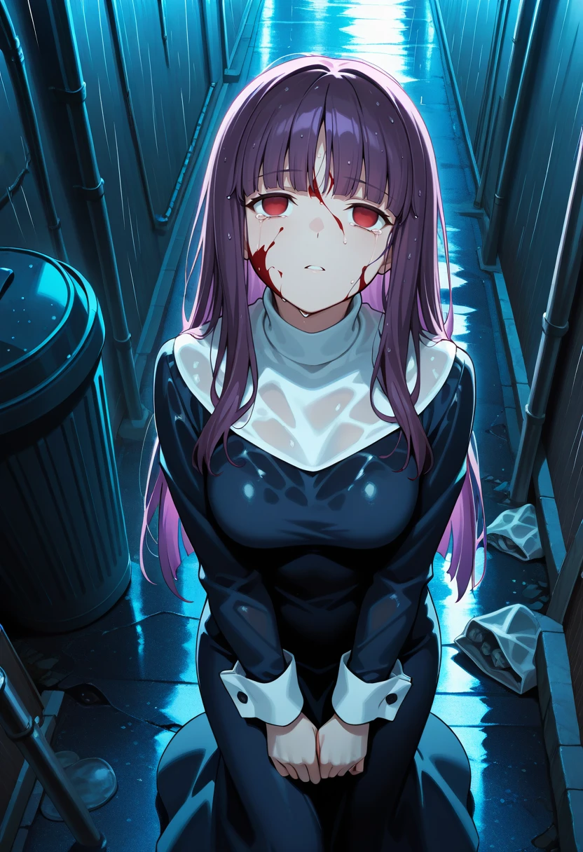 masterpiece,best quality,  a_fujino, 1girl, solo, long hair, purple hair, blunt bangs, red eyes, empty eyes, blue dress, white turtleneck, long sleeves, wrist cuffs, long dress, medium breasts, half-closed eyes, tears, blood on face, looking up, standing, from above, alley, rain, wet clothes, wet hair, trash can, dark,  <lora:a_fujino_IL-560007:0.9>,