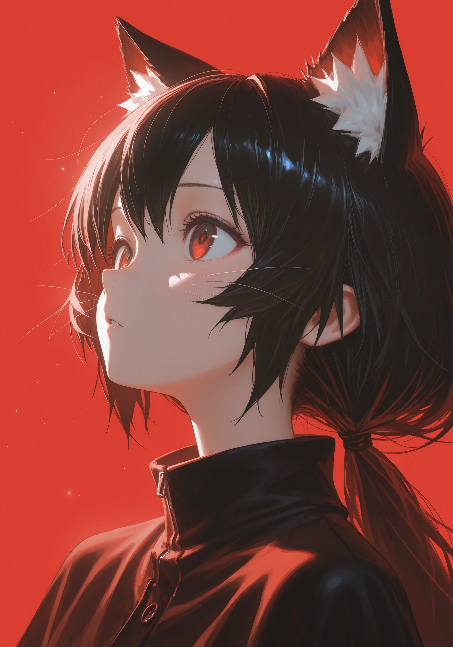 1girl, [silhouette], light particles, low contrast, chromatic aberration, high contrast, flat color, limited palette, (spot color), red, default, creative masterpiece, art bloom, hair whiskers, animal ear fluff, looking afar, masterpiece, high quality, best quality, 8k, anime image
, reoen, paindude, shion \(mirudakemann\), oekaki, masterpiece, best quality, good quality, newest, highres, absurdres