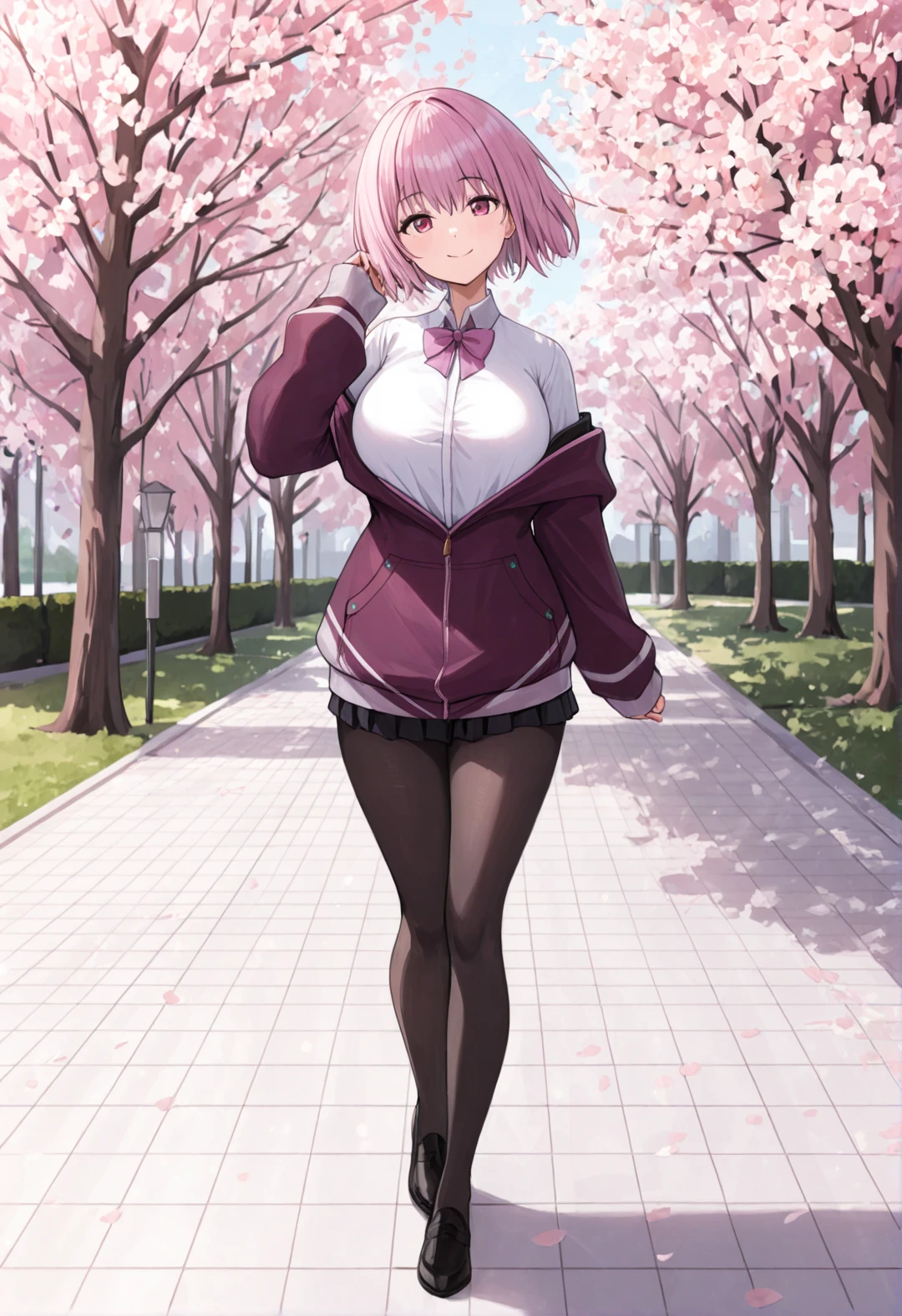 masterpiece, best quality, newest, absurdres, highres, akane shinjo, unique outfit, pantyhose, looking at viewer, cute, dutch tilt, cinematic, standing, smile, park, sakura trees, morning,
 <lora:Akane_Shinjo_IL:0.8>