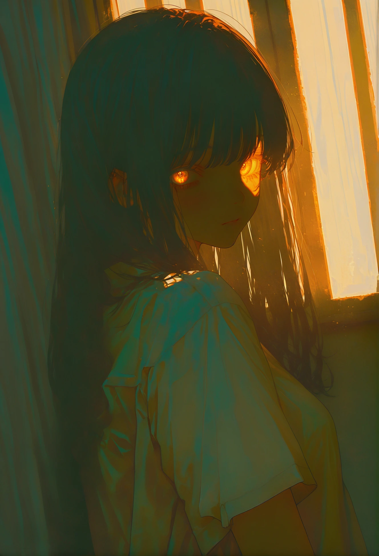 <lora:745cmSDXLvpred75S:1>, 748cmstyle, 1girl, looking at viewer, streaked hair, window shade, long hair, multicolored hair, white shirt, black hair, upper body, indoors, looking back, curtains, sunlight, short sleeves, shadow, dark, white hair, expressionless, glowing, orange theme, from side, closed mouth, looking to the side, masterpiece, best quality, year 2024, newest, very awa, highres, absurdres,