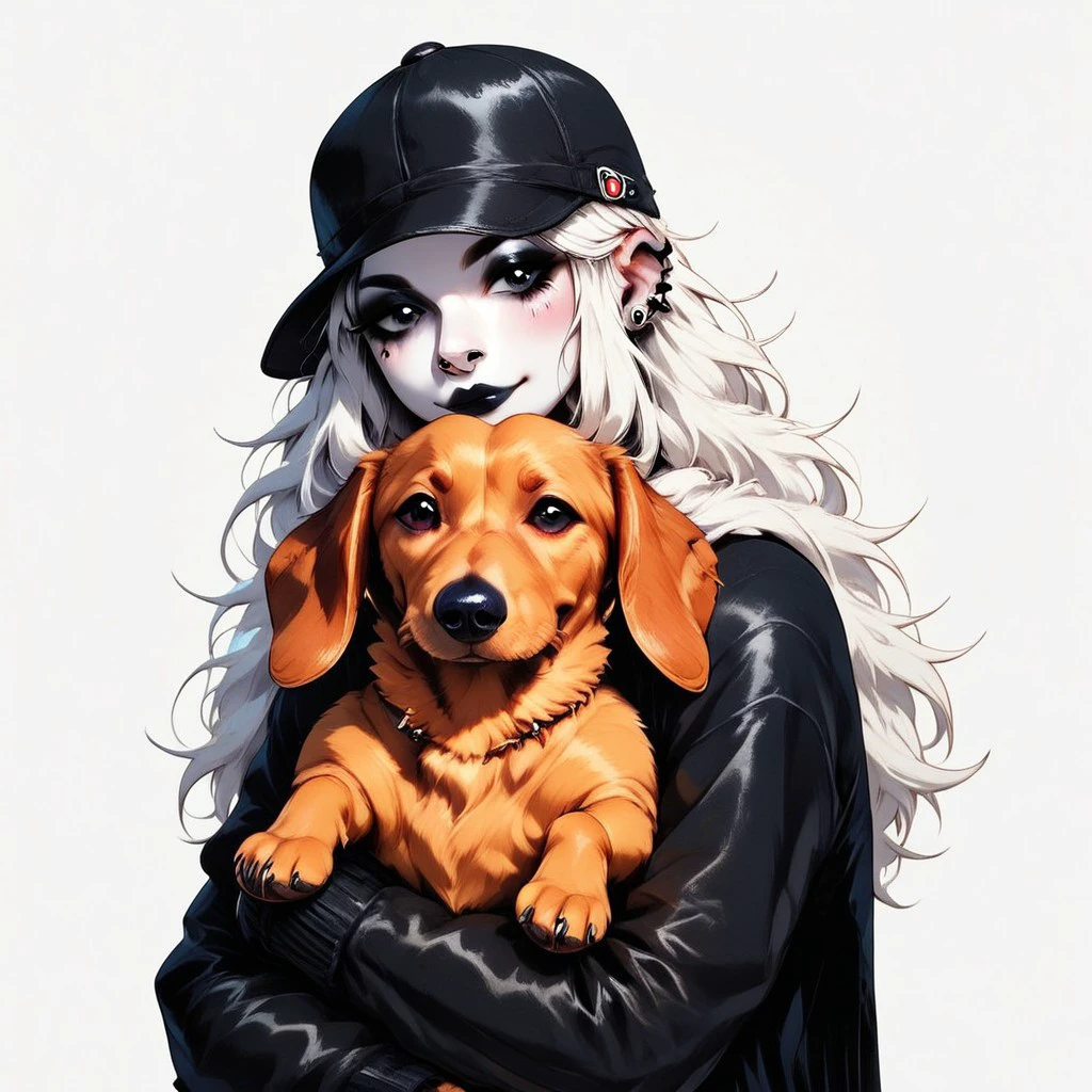 score_9, score_8_up, score_7_up, animal Focus, no humans, solo, Dachshund-PonyV1, Dachshund, dog, small dog, animal, black fur, black dog, scarf, hat, BREAK 1girl, goth, goth girl, white hair, pale, pale skin, long hair, hugging dog, hugging Dachshund, p3tl0v3