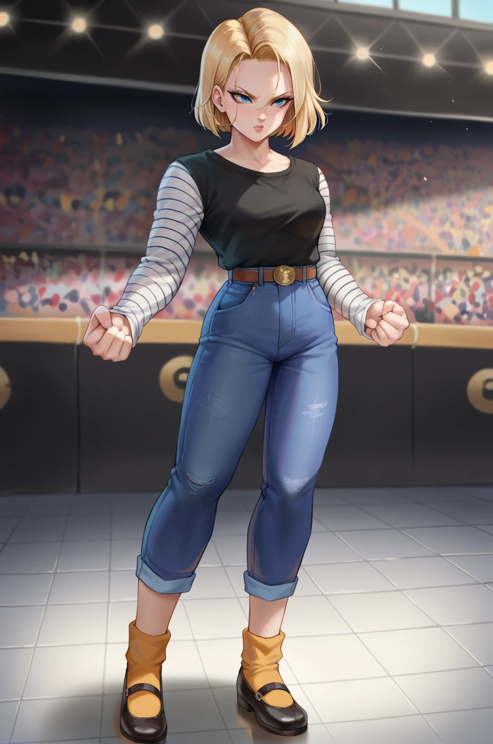 score_9,score_8_up, score_7_up, BREAK ict style, a18, 1girl, brown belt, black shirt, blonde hair, clenched hands,blue eyes, full body, high-waist pants, blue jeans, long sleeves, shirt tucked in, black mary janes, short hair, orange ankle socks, solo, standing, white striped sleeves, tile floor, tiles, gold belt buckle, audience, fighting stance,tight pants, nose, lips <lora:Android18Pony:1>