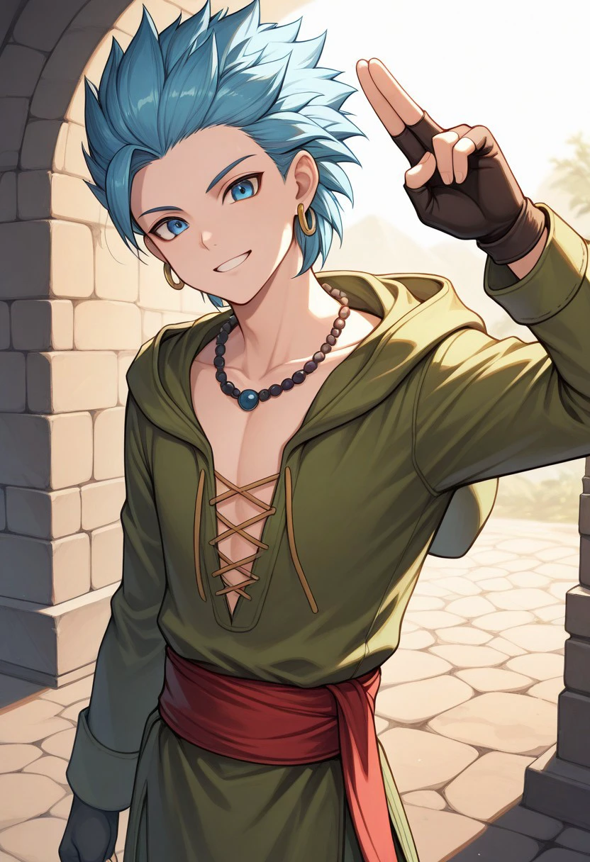 masterpiece, best quality, 
dqerik, 1boy, male focus, solo, blue eyes, blue hair, earrings, hoop earrings, short hair, single bang, spiked hair, jewelry, necklace, bead necklace, collarbone, tunic, green tunic, hood, long sleeves, gloves, fingerless gloves, sash, red sash, smile, grin, two-finger salute
outdoor,