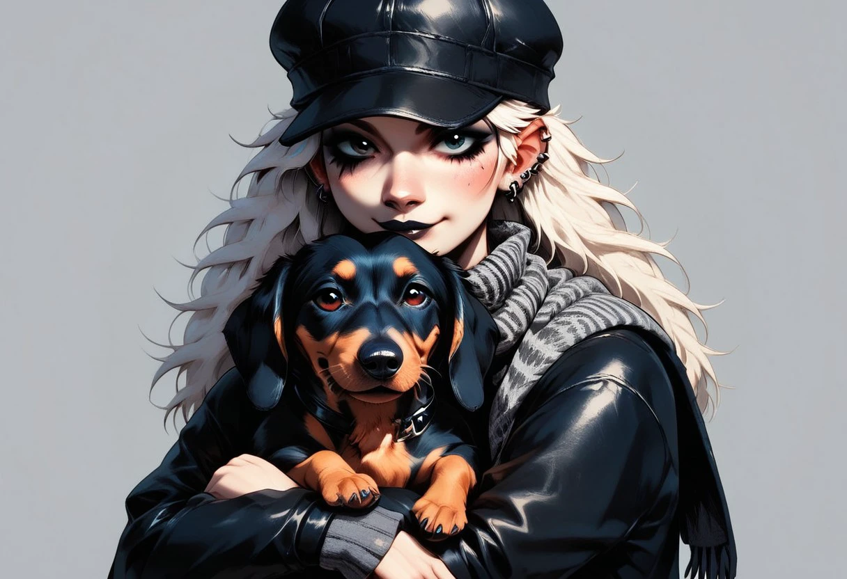 score_9, score_8_up, score_7_up, animal Focus, no humans, solo, Dachshund-PonyV1, Dachshund, dog, small dog, animal, black fur, black dog, scarf, hat, BREAK 1girl, goth, goth girl, white hair, pale, pale skin, long hair, hugging dog, hugging Dachshund, p3tl0v3