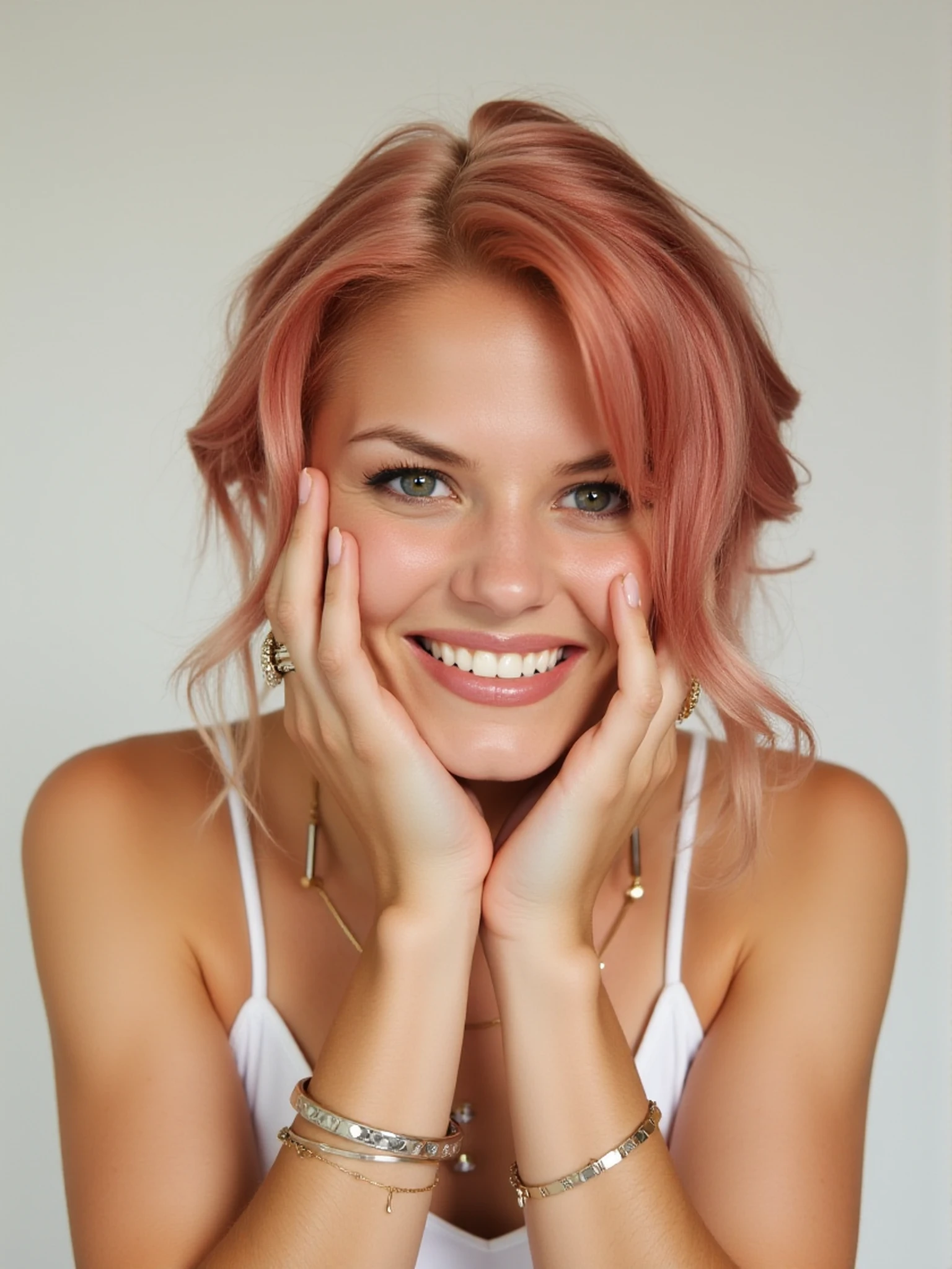 minimalistic composition of <lora:Jennifer_Morrison_v2:1> woman, smiles, brightly tinted hair, looking directly at the viewer, looking directly at the camera, making eye contact, looking straight ahead. 50mm lens, f/5.6, simplistic design, neutral colors, lipstick, eye shadow, eye liner, blush, necklace, bracelets, rings, earrings, jewelry