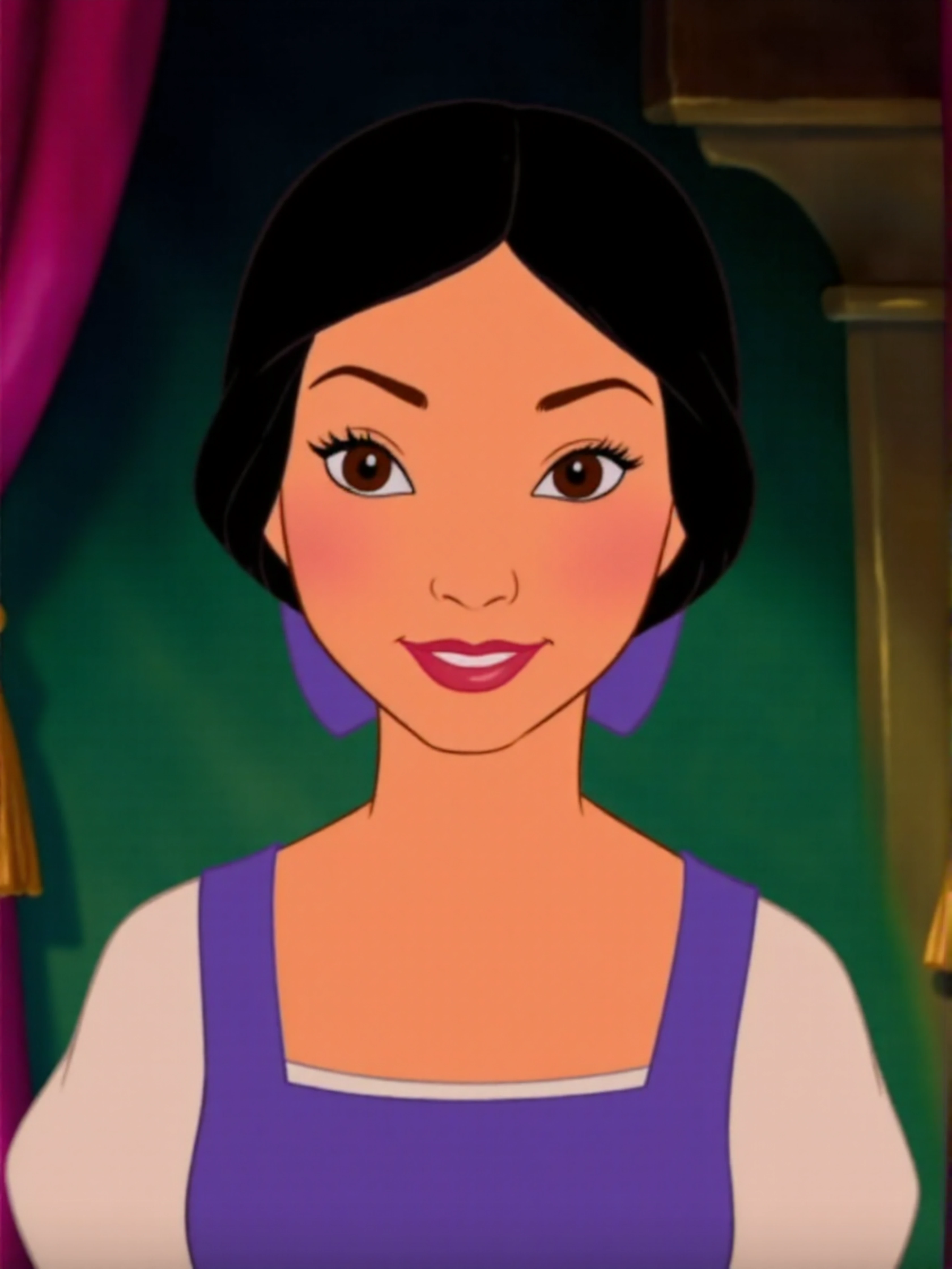 <lora:Gemma_Chan_2015s:1> woman, disney style animation, fairy tales, musical numbers, expressive characters, bright colors, happy, detailed, professional, extreme close-up, centered, staring directly and intently at viewer, looking directly at viewer, looking at viewer, modest clothes, modest apparel, modesty <lora:zz_s_Disney:1.2> <lora:zz_s_Chest_Size_Slider:-2>