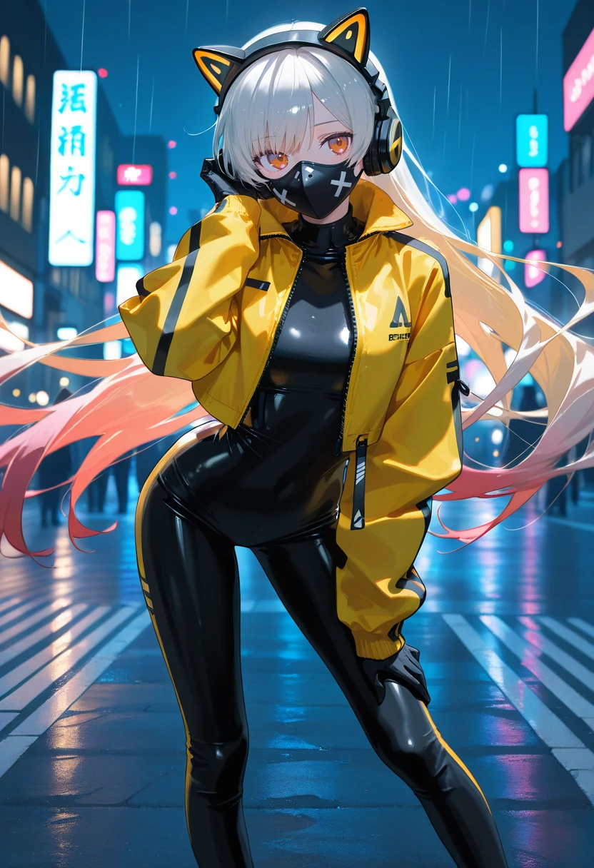 masterpiece,best quality,amazing quality,very aesthetic,absurdres,newest,scenery,
1girl, sk997cos, sk01 jacket, sk03 headphones, sk04 mask, yellow jacket, black gloves, sk02 sneakers,
floating hair,  
black hair|brown hair|blonde hair|red hair|silver hair|white hair|blue hair|green hair|pink hair|purple hair|orange hair|ombre hair|multicolored hair},
side bangs,
large widows, night , street,  city lights, rain,,  solo, adjusting hair, standing, contrapposto,  hair behind ear, leaning forward, close_up, hand on own hair, ,
outdoors, beautiful background, day,
<lora:997sk cosplay IL:1>