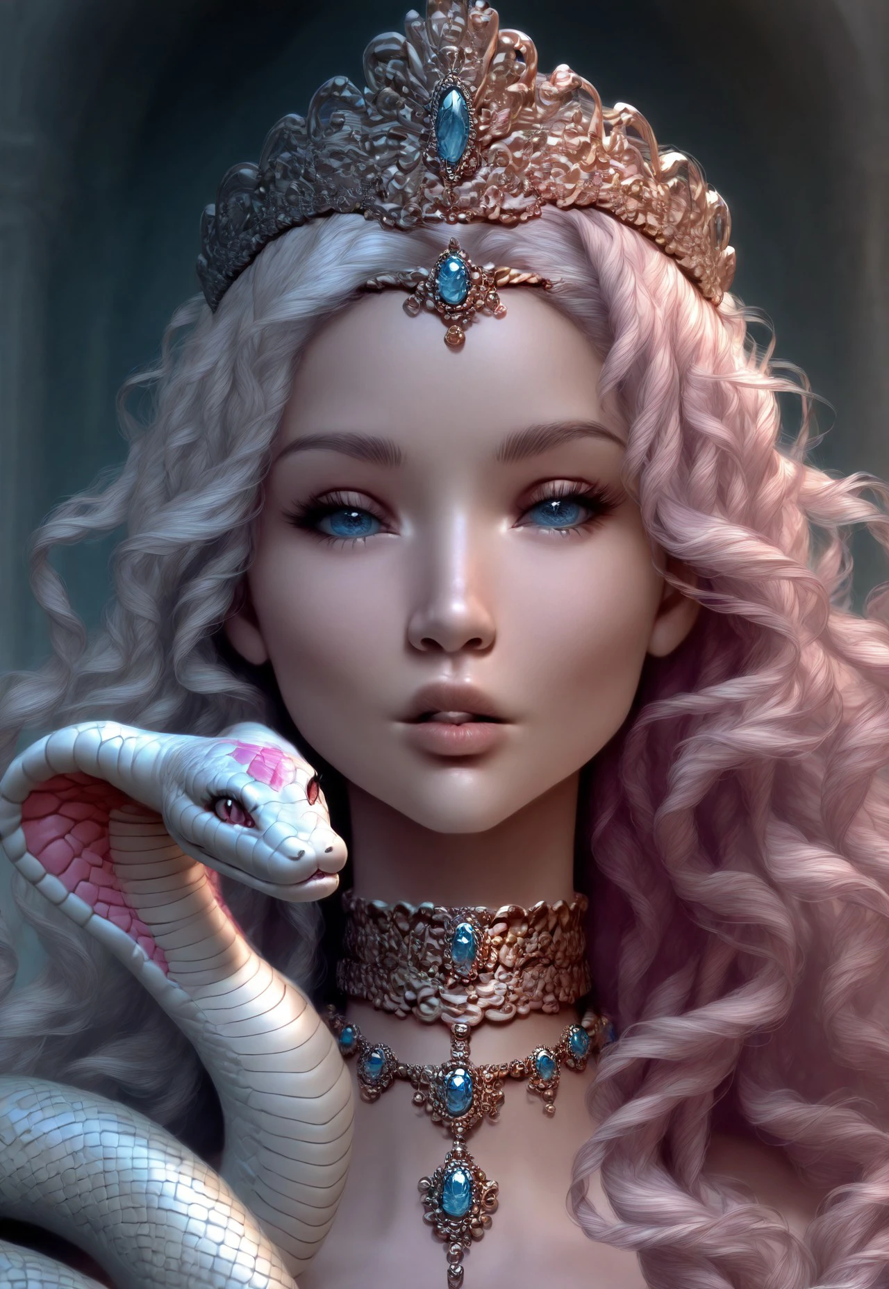 absurdres, masterpiece, best quality, Vdiff1_dskfll,  1girl, solo, jewelry, portrait, snake, looking at viewer, parted lips, necklace, long hair, wavy hair, gem, blue eyes, tiara, pink hair, blurry, lips, white hair, bangs
