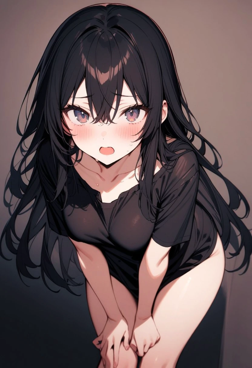 masterpiece, best quality, 32k, high resolution, absurdres, naked black shirt, 1girl, solo, short sleeves, blush, looking at viewer, collarbone, open mouth, thighs, long hair, hair between eyes