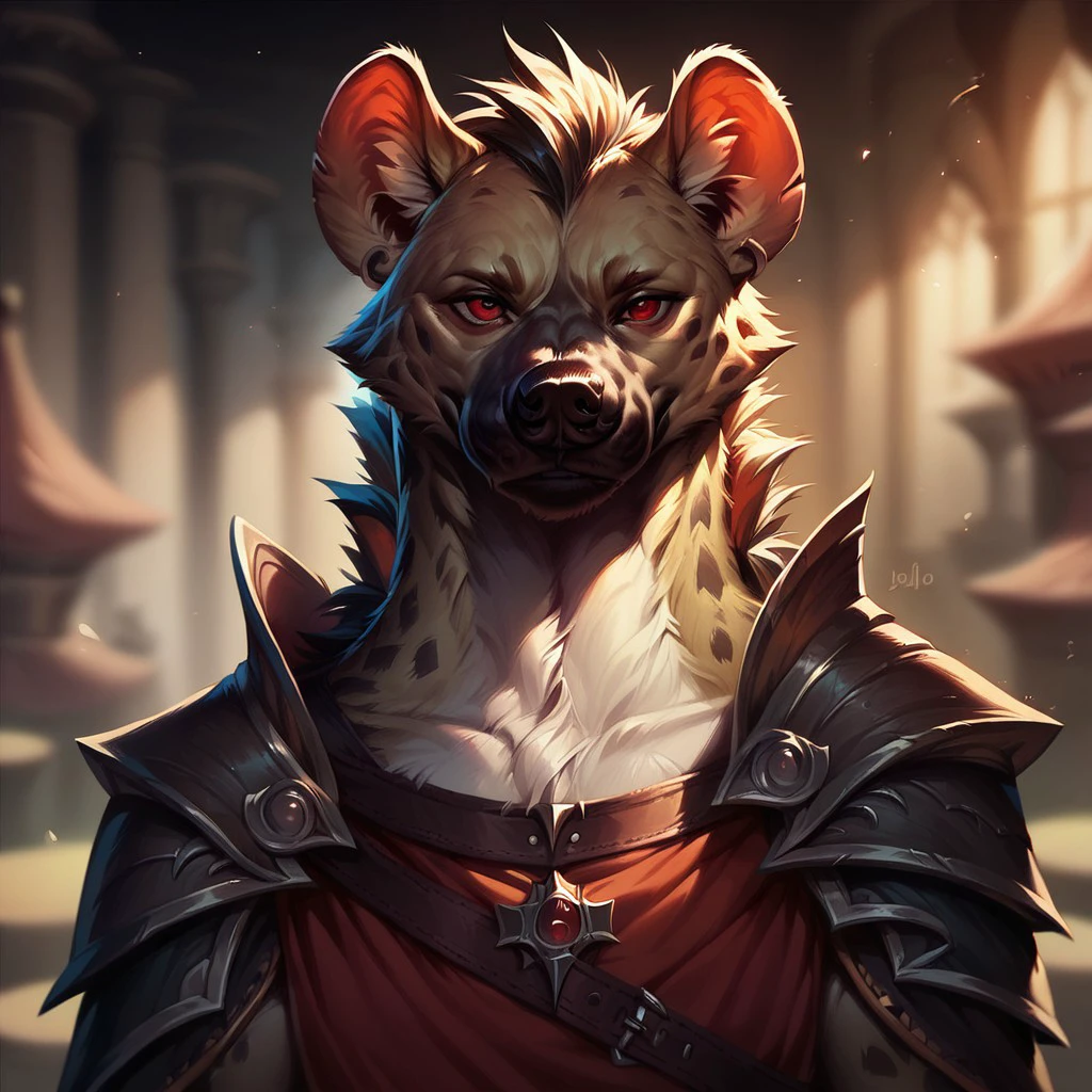 (((detailed, beautiful, high quality))), score_9, score_8_up, score_7_up, 
(depth of field, dynamic lighting),
gnoll, furry hyena,
1 male, red eyes, black shoulder pad, shoulder strap,
looking at the viewer, posing, 
blurred background, fantasy background, shroud background,