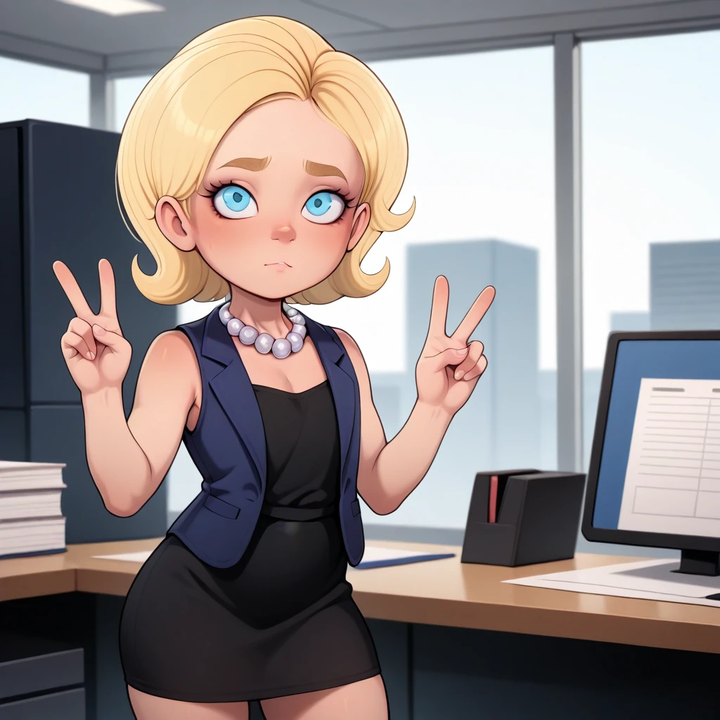 masterpiece, best quality, Hilloli_Clinton , 1girl, solo, blonde hair, short hair, pearl necklace, blue vest, black dress, sleeveless, cowboy shot, <lora:Hilloli_Clinton_illustrious_Leaf1:1>,   double v, office,