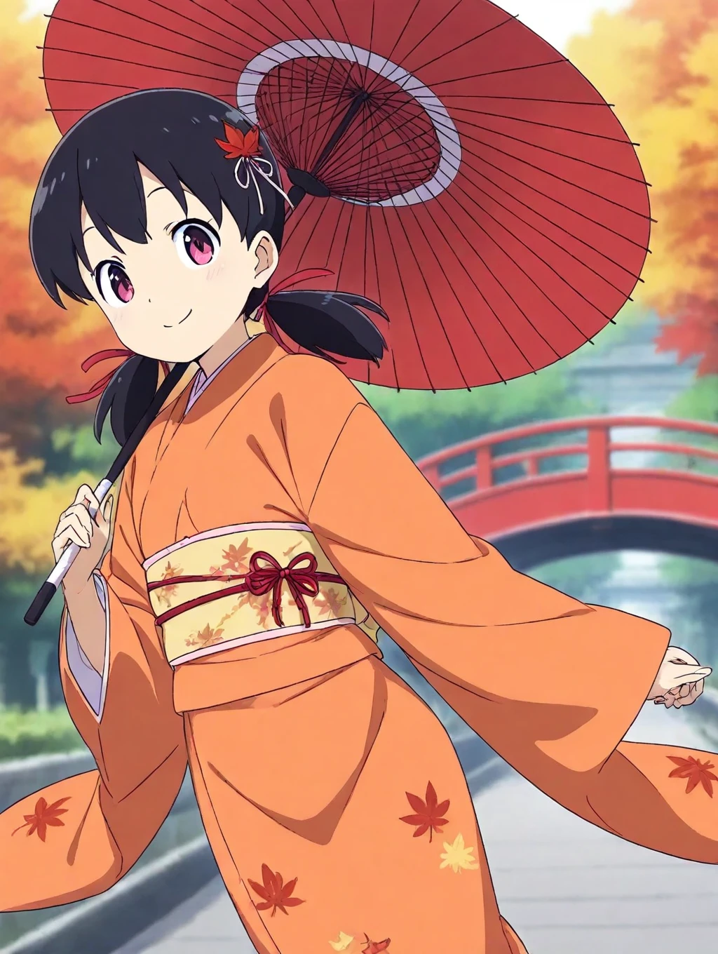 minamoto shizuka,1girl, japanese clothes, solo, umbrella, kimono, autumn leaves, leaf, maple leaf, oil-paper umbrella, smile, holding, blunt bangs, holding umbrella, looking at viewer, outdoors, sash, pink eyes, obi, floral print, red kimono, autumn, print kimono, leaf print, blurry, orange kimono, very long hair, wide sleeves, dot nose, day, closed mouth, hair ornament, ribbon, long sleeves, hair ribbon, furisode, bridge, standing, feet out of frame, blurry background, obijime, capelet,detailed skin, masterpiece, best quality, 
 <lora:cth7l4le878c73f6r6c0:0.9>