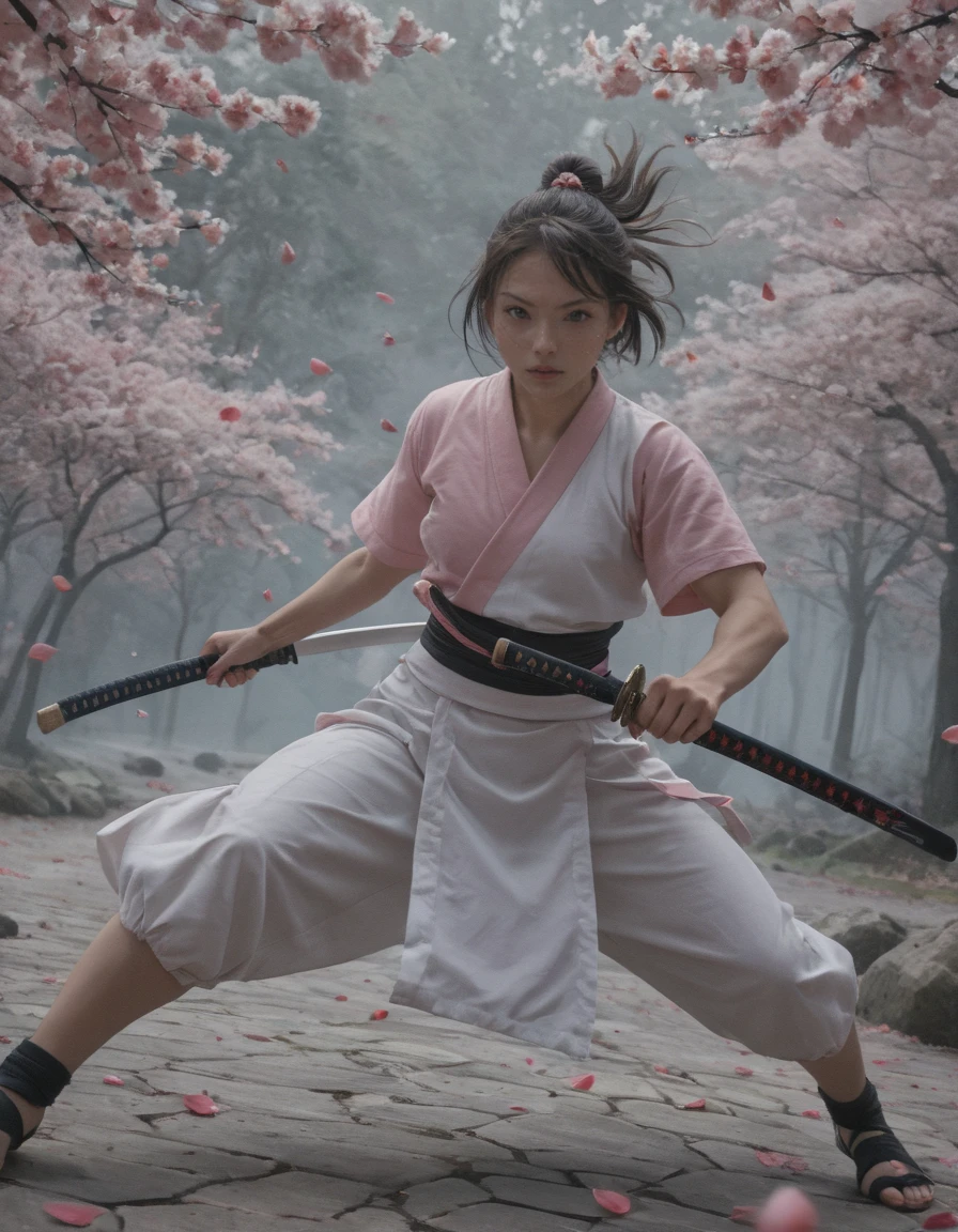 score_9, score_8_up, score_7_up, score_6_up, A samurai warrior in mid-fight, katana drawn and held at a sharp angle, his opponentâs sword clashing against it with sakura petals scattering in the violent motion.