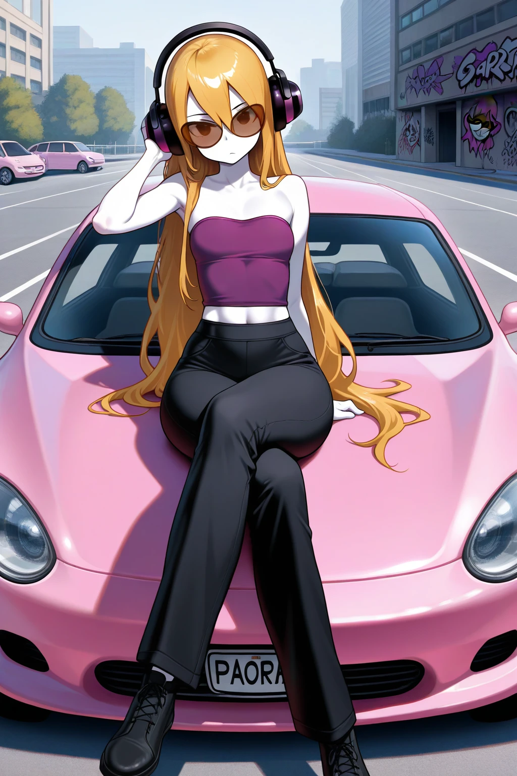 masterpiece, best quality, amazing quality, absurdres, solo, mcadore, bored, sitting, pink car, sitting on car, crossed legs, looking at viewer, long blonde hair, orange sunglasses, purple headphones, white skin, purple crop top, strapless, sleeveless, black pants, outdoors, parking lot, graffiti