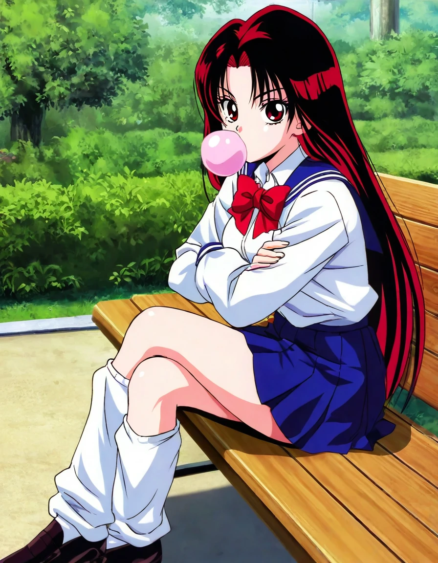 1girl, solo, haduki izuna, jigoku sensei nube, general, female focus, from side, looking at viewer, outdoors, park bench, sitting, crossed legs, chewing gum, crossed arms, long hair, red hair, red eyes, serafuku, white shirt, collared shirt, long sleeves, red bowtie, blue skirt, pleated skirt, loose socks, loafers, medium breasts, masterpiece, absurdres, very aesthetic, best quality, good quality