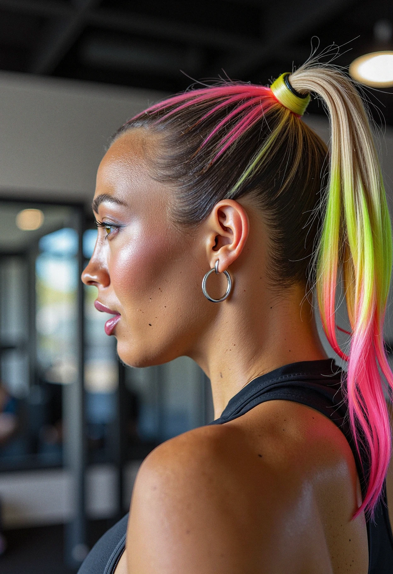 A woman leading a high-intensity fitness class, radiating energy. Her hair is pulled into a high, sleek ponytail with colorful streaks of neon pink and yellow running through it. She's wearing a modest, high-necked athletic top and has on sweat-proof, minimal makeup. The background suggests a modern gym with high-tech equipment. Bright, energizing lighting emphasizes her dynamic movement and the motivational fire in her eyes. <lora:TammyHembrowV1_7_Flux:1>