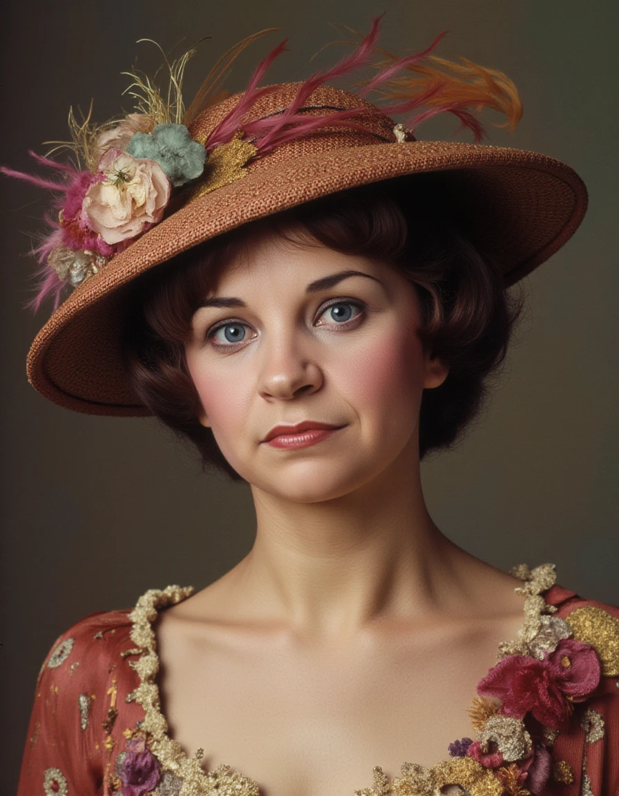 <lora:cindy-williams-flux:1.2> the, woman, her elegant classic 1900s portrait giant elegant elaborate hat with colorful feathers low neck line showing bosom