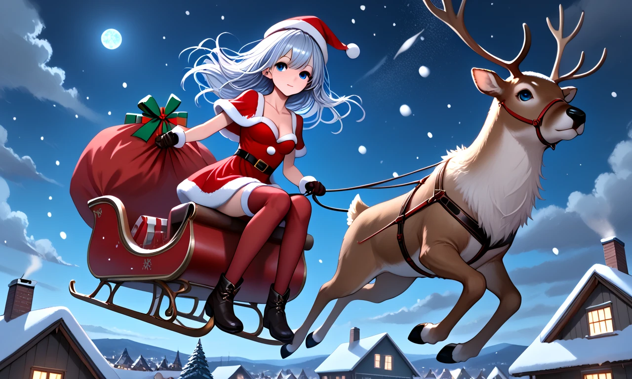 score_9, source_anime, riding sleigh flying in the sky, reindeer sled filled with gift sack, full body, solo, 1girl, blue eyes, floating hair, fur trim, red dress, santa hat, santa costume, cleavage, breasts, thighhighs, gloves, reins, wind, night, snowing, horizon, christmas, night sky, chimney rooftop, nordic architecture, (((from below))), <lora:girllikereindeersleigh_pony:0.8>