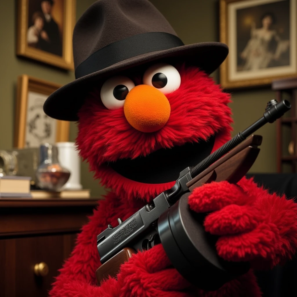 Elmo holding a tommy gun with drum magazine in a 1920s detectives office, wearing a fedora