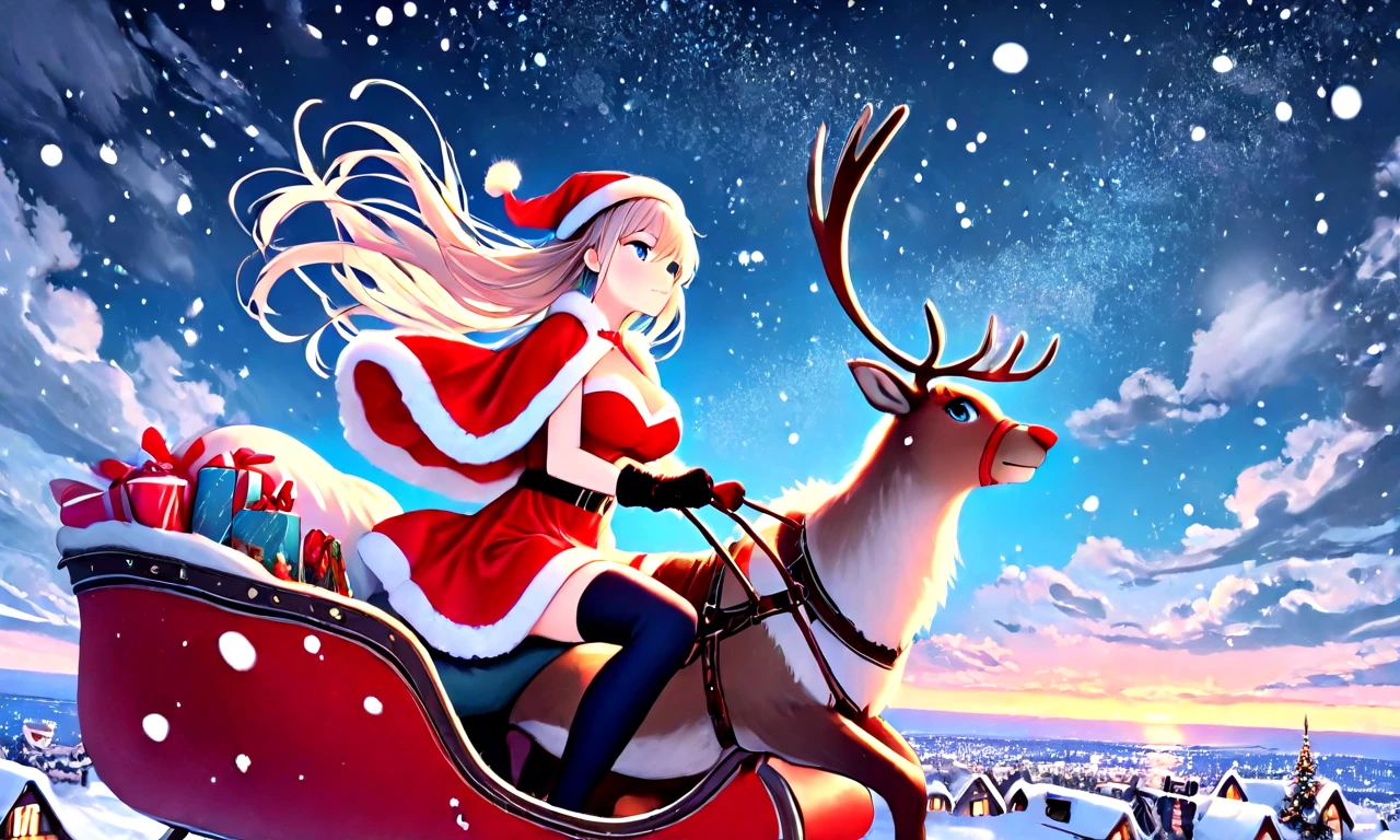 (((from below))), masterpiece, best quality, face focus, reindeer, riding sleigh flying in the sky, gift sack, 1girl, blue eyes, floating hair, fur trim, red dress, santa hat, santa costume, cleavage, breasts, thighhighs, gloves, reins, wind, night, snowing, horizon, christmas, night sky, nordic architecture, from side, <lora:girllikereindeersleigh_ilxl:0.8>