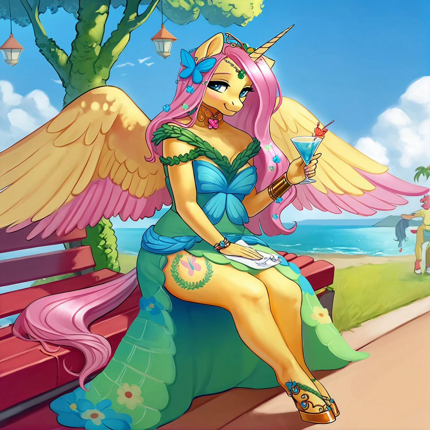 score_9,score_8,score_7,score_6up,source_furry,
<solo:1.5>,
<1girl:2.5>,
horse, pony, pony girl, mlp, female, furry female, hooves, shoes, heels, hair ornament, flowing hair, big tits, thick thighs,
Princess Fluttershy, princess_fluttershy, pony_oc, pony, pony girl, wings, 1girl, butterfly hair ornament, long hair, pink hair, hair ornament, dress, solo, sitting, tree, smile, outdoors, furry female, horns, butterfly, blue eyes, furry, animal ears, single horn, flower, pfdress,
( art by yomu (sgt epper) ) ,,
<lora:Princess_Fluttershy_OC:1> princess fluttershy, dress,
cocktail dress,
jewels,
necklace,
chocker,
bracelets,
gold,
silver,
party,
cocktail,
cup,
dancing,
luxury party,