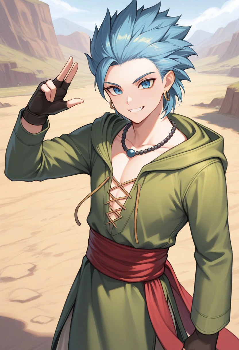 masterpiece, best quality, 
dqerik, 1boy, male focus, solo, blue eyes, blue hair, earrings, hoop earrings, short hair, single bang, spiked hair, jewelry, necklace, bead necklace, collarbone, tunic, green tunic, hood, long sleeves, gloves, fingerless gloves, sash, red sash, smile, grin,
outdoor,