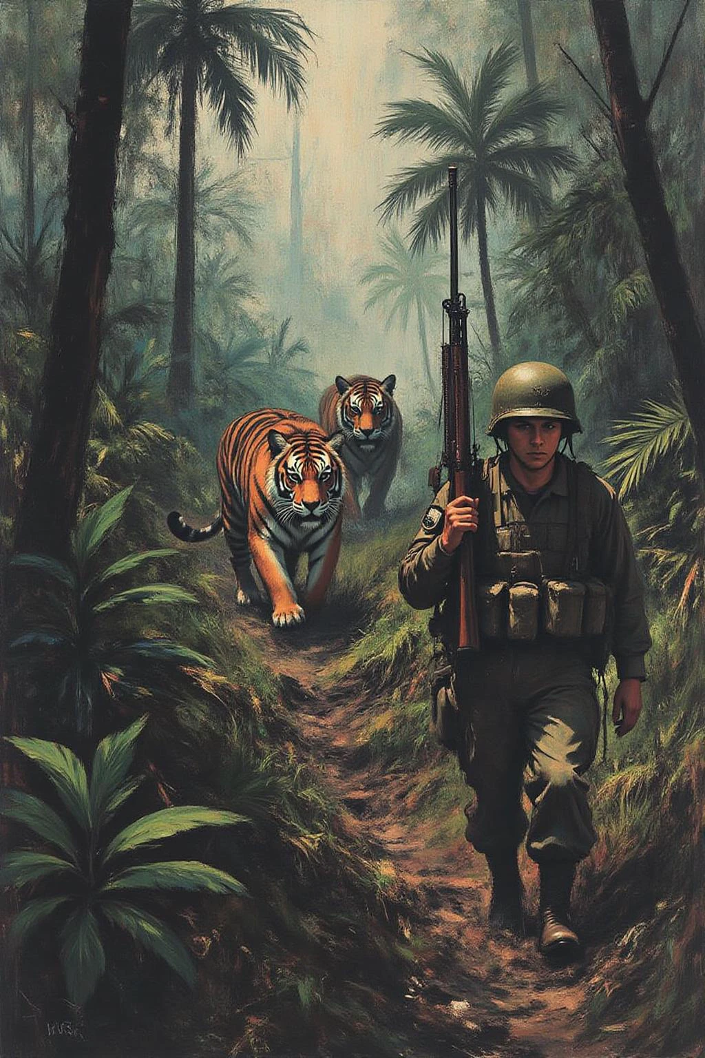 apoca1 illustration. Create a tense jungle scene set in Vietnam, featuring a dense, lush environment with thick foliage, tall trees, and tropical plants. In the foreground, an American Marine is cautiously walking to the right, holding a rifle in a ready position. He is dressed in camouflage fatigues and a helmet, blending into the surroundings. Unbeknownst to him, a large, stealthy tiger is following closely behind, partially obscured by the foliage. The tiger's eyes are fixed on the soldier, adding a sense of impending danger to the scene. The overall atmosphere should be one of suspense, with the jungle's dense greenery and shadows heightening the tension <lora:apocalypse_now1_fl_d4a2:1.0><lora:803271172260194506:0>