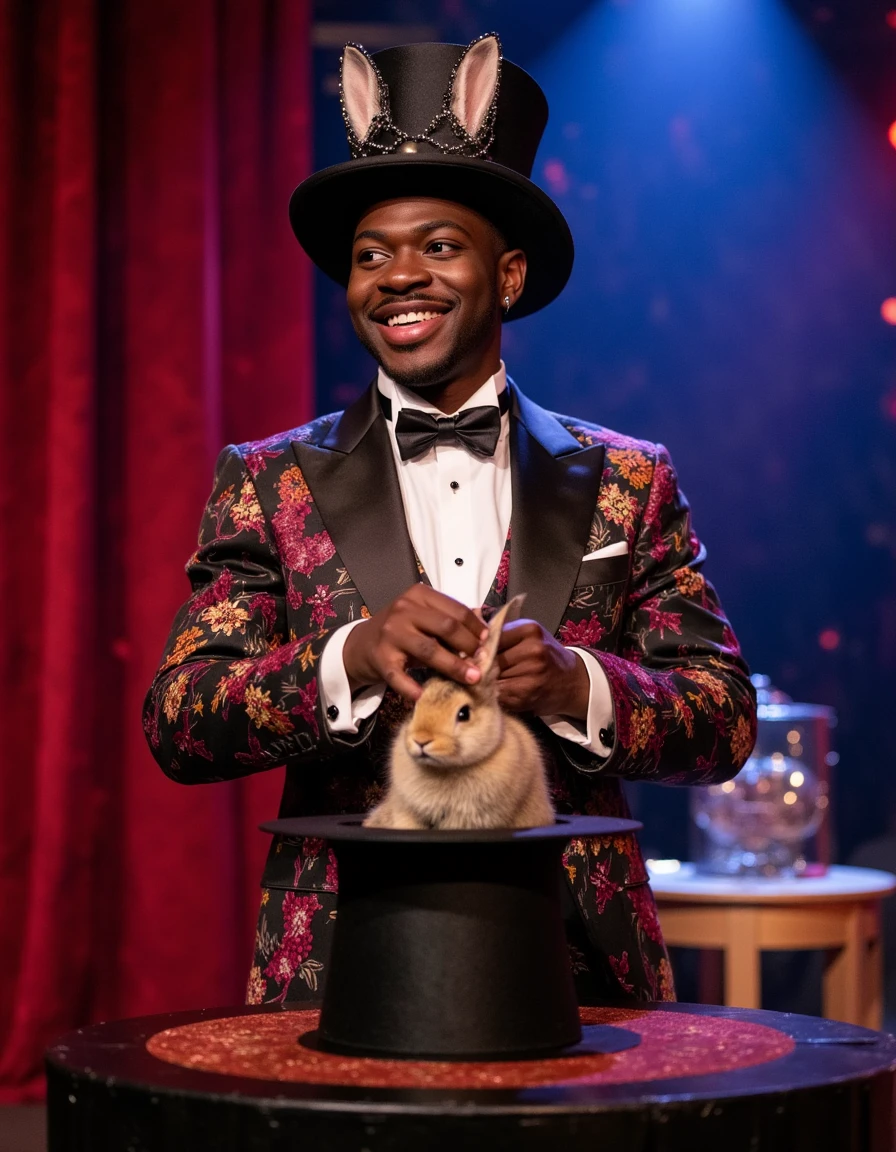 lilnasx is dressed as a magician on stage at a magic show, he is pulling a rabbit from a hat and has a smile on his face as he looks at the viewer  <lora:lilnasx-128:1.2>