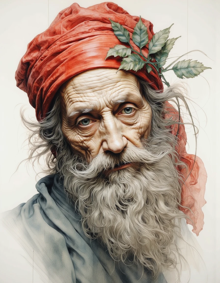 Portrait by Dorota Pietrowiak. This is a highly detailed, realistic drawing of an elderly man with a long, flowing beard and mustache, rendered in pencil and ink. The subject's face is deeply lined and weathered, suggesting a life of hardship and age. His eyes are a piercing blue, with a hint of sadness and wisdom. He wears a vibrant red headscarf wrapped around his head, adorned with a delicate, almost ethereal arrangement of leaves, giving it an otherworldly touch. <lora:Dorota_Pietrowiak:1>