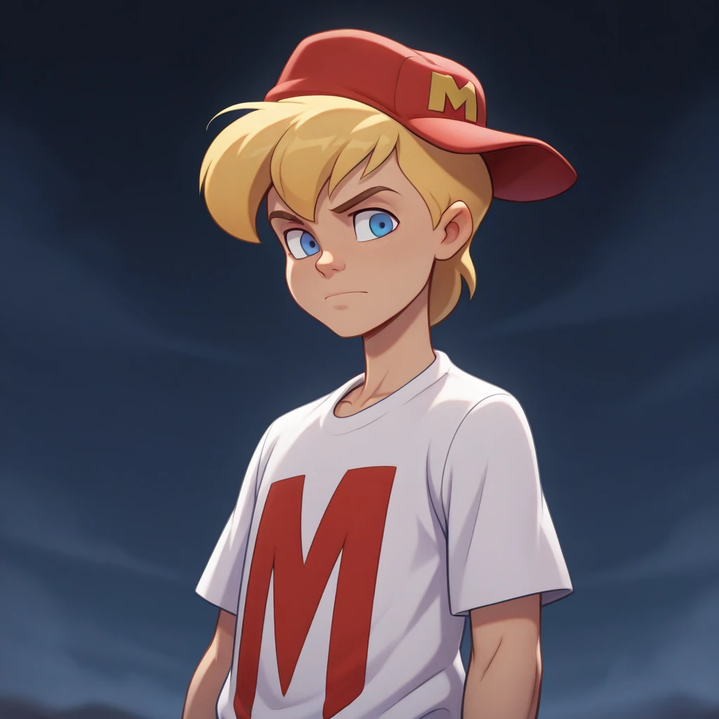 masterpiece, best quality, MightyMax, 1boy, solo, blonde hair, blue eyes, red hat, shirt, upper body,  <lora:MAX_MightyMax_illustrious_Leaf2:1>,