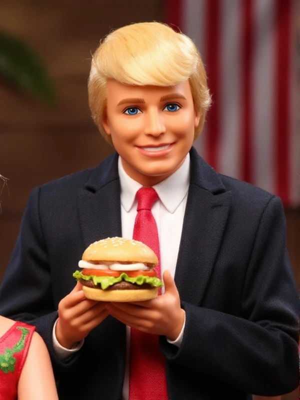 <lora:Barbie Style:0.9> barbie style, donald trump holds a burger