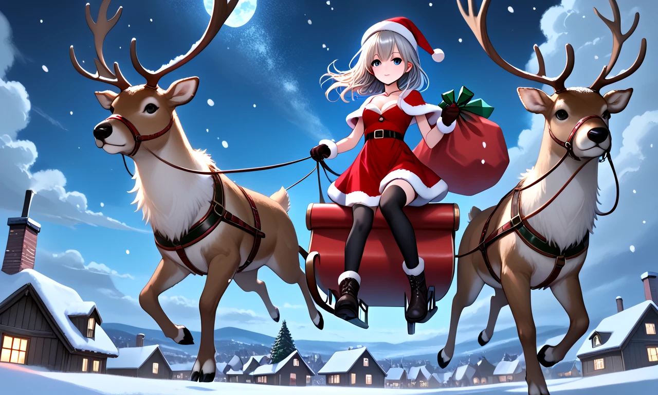 (((from below))), (((facing viewer))), score_9, source_anime, riding reindeer sleigh flying in the sky, gift sack, full body, 1girl, blue eyes, floating hair, fur trim, red dress, santa hat, santa costume, cleavage, breasts, thighhighs, gloves, reins, wind, night, snowing, horizon, christmas, night sky, chimney rooftop, nordic architecture, <lora:girllikereindeersleigh_pony:0.8>