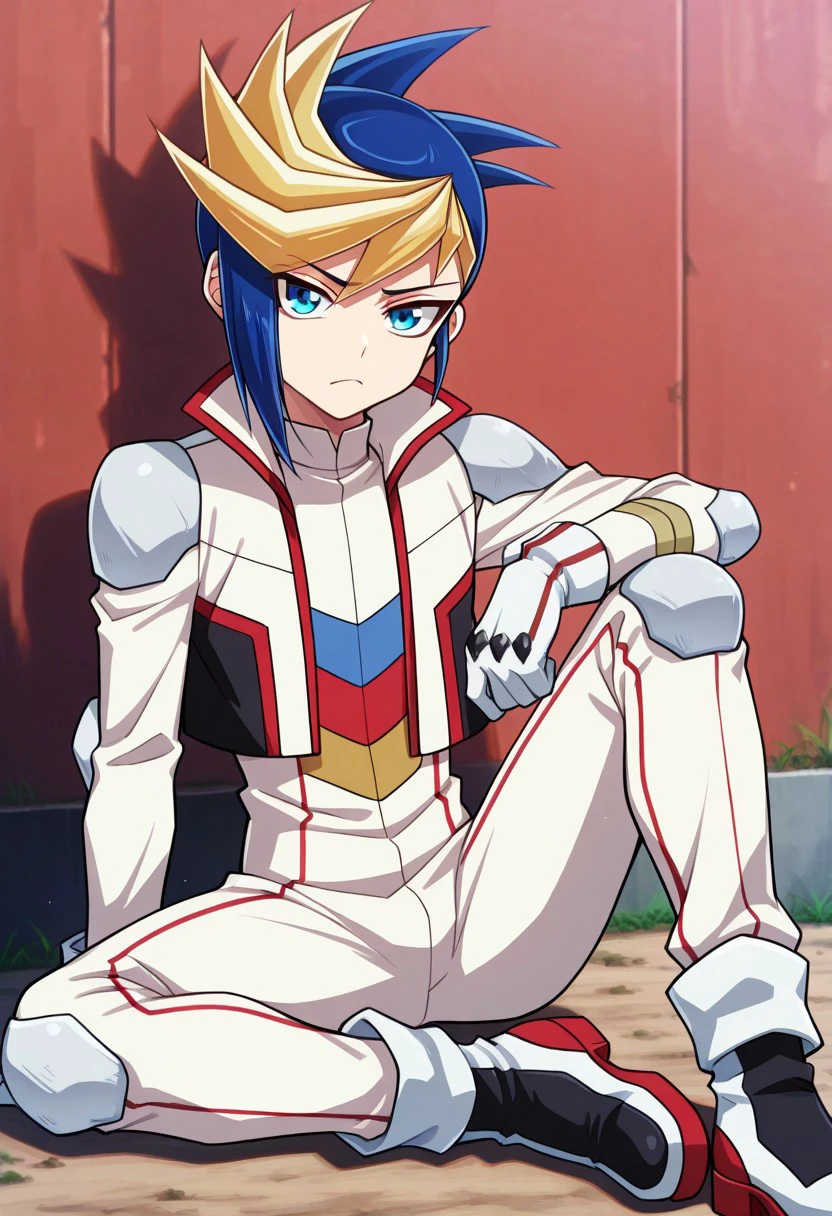 masterpiece, best quality, 
yugo, 1boy, male focus, solo, blue eyes, multicolored hair, two-tone hair, spiked hair, dyed bangs, blue hair, blonde hair, jumpsuit, white jumpsuit, multicolored jumpsuit, jacket, white jacket, shoulder protectors, gloves, knee pads, boots, white footwear,
outdoor, sitting, on ground, frown,