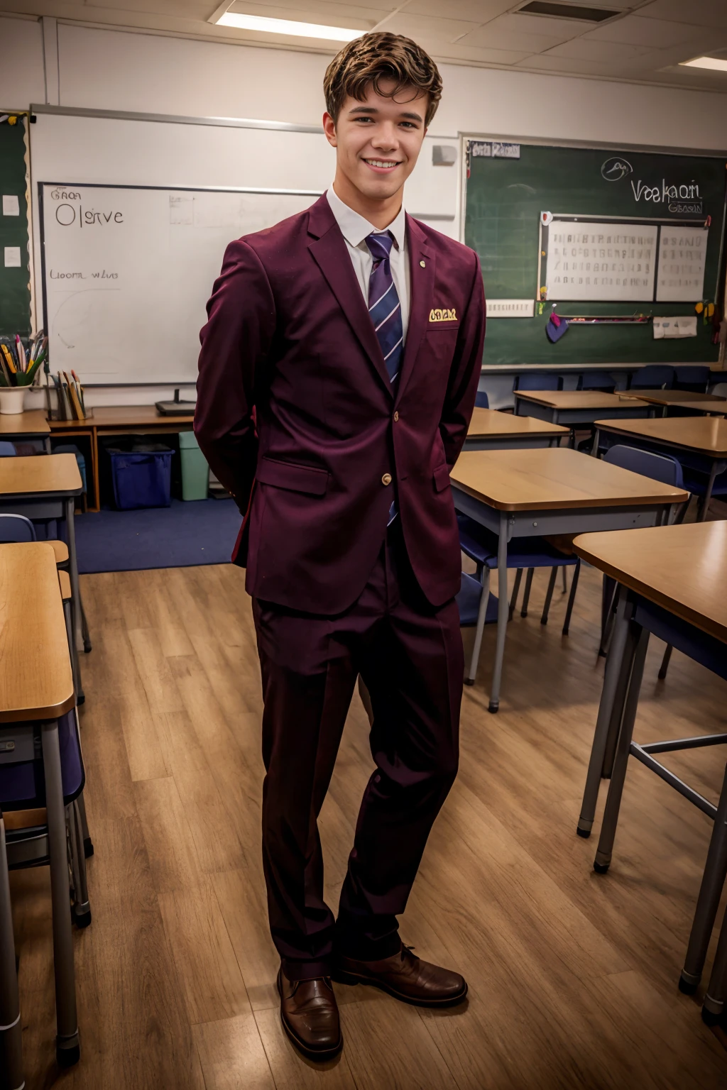 classroom of a Swedish school, standing beside student desk, smiling, MaverickSun, wearing (maroon youngroyals uniform), (((full body portrait))), wide angle  <lora:MaverickSun:0.8>   <lora:youngroyals_lora:0.75>