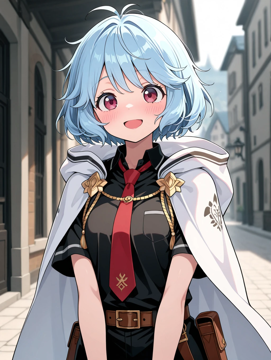 hannah, 1girl, solo, blush, smile, short hair, open mouth, shirt, red eyes, blue hair, upper body, short sleeves, :d, necktie, collared shirt, belt, hood, pink eyes, cape, black shirt, hood down, red necktie, cloak, brown belt, white cape, hooded cloak, white cloak

masterpiece, best quality,amazing quality, very aesthetic, absurdres, depth of field, blurry background, extremely detailed face, detailed eyes