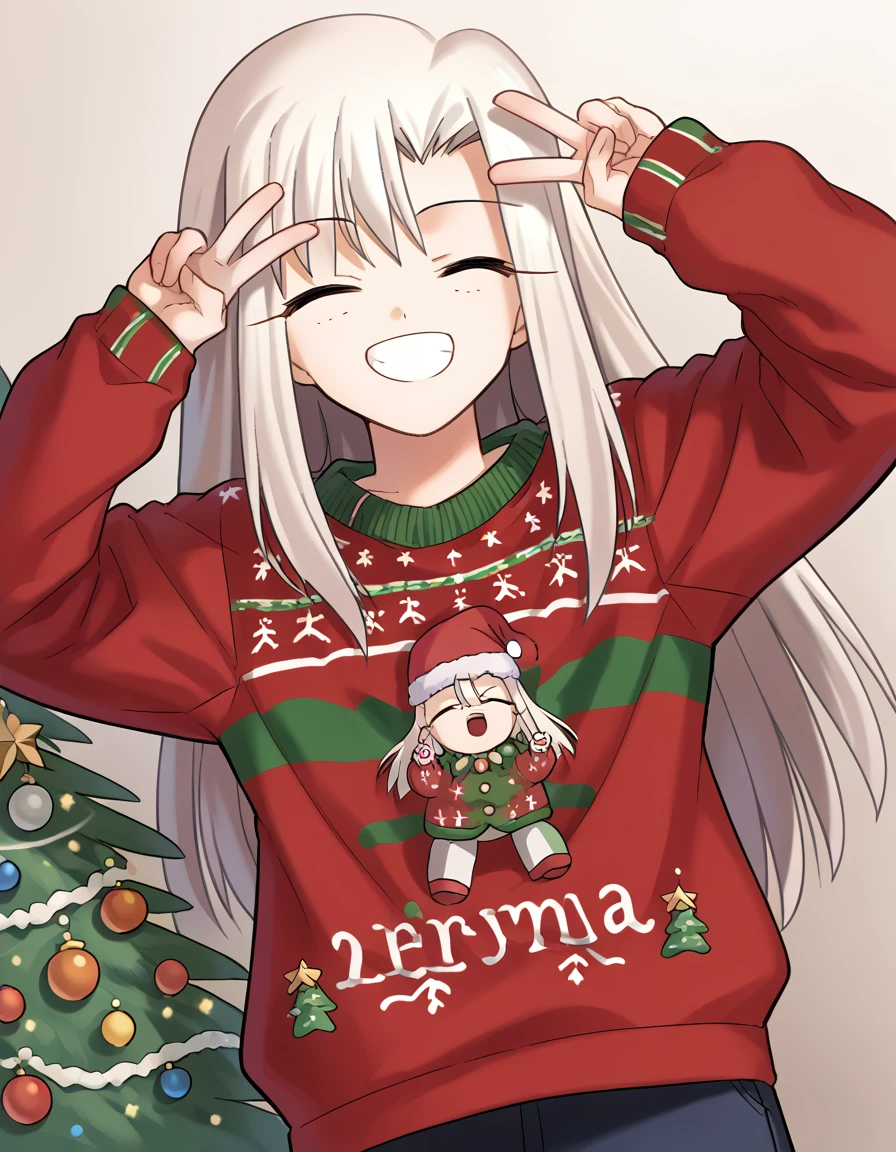 score_9, score_8_up, score_7_up, source_anime, <lora:illyasviel-von-einzbern-ingame-ponyxl-lora-nochekaiser:1>, illyasviel von einzbern, long hair, red eyes, white hair,, <lora:christmas-sweater-ponyxl-lora-nochekaiser:1>, christmas sweater, christmas, ugly sweater, print sweater, red sweater, christmas tree, christmas ornaments, sweater, multicolored sweater, , v, smile, hands up, teeth, closed eyes, cowboy shot,, , dutch angle, cowboy shot